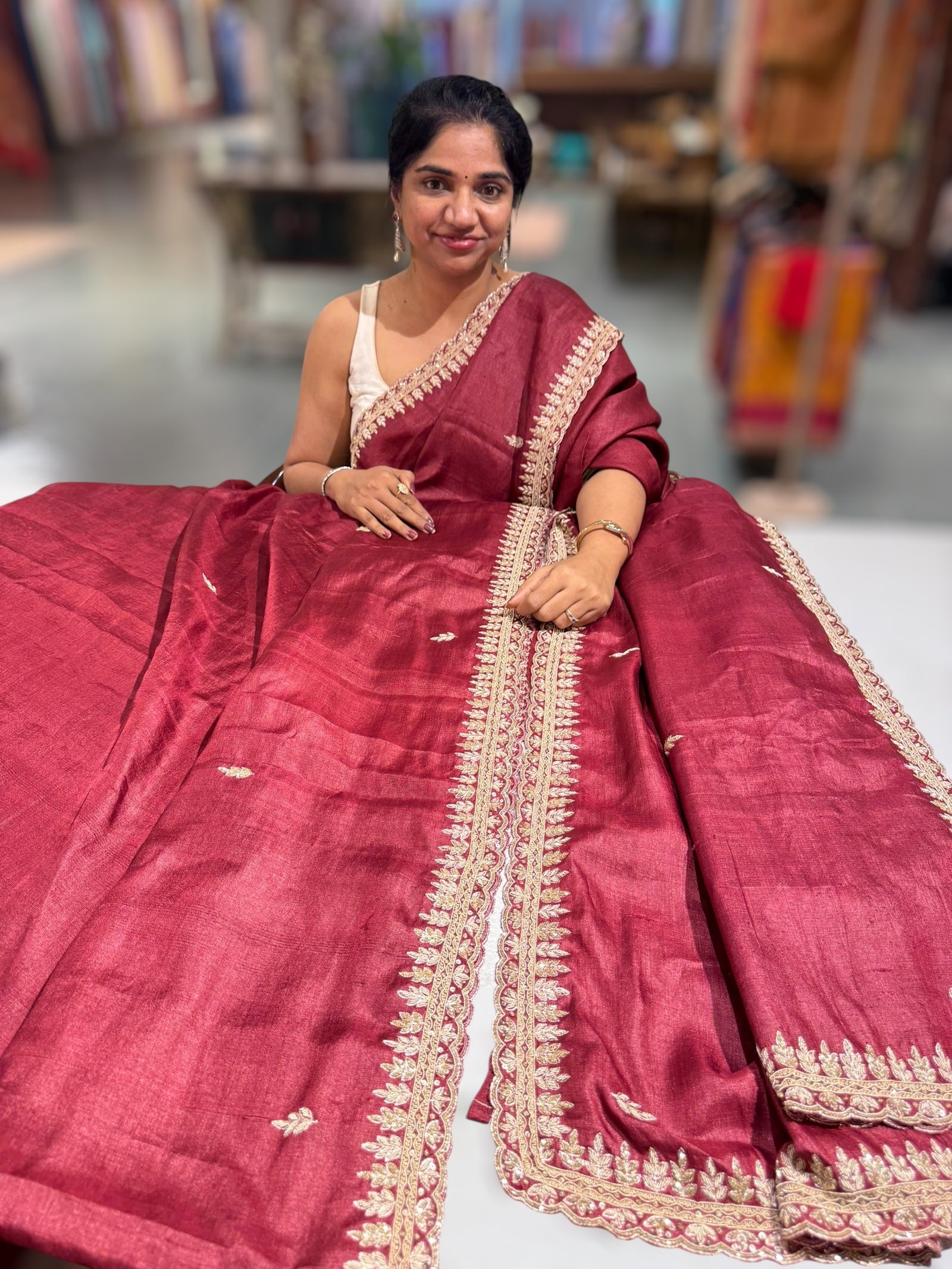 Maroon Pure Tussar Handwork Saree