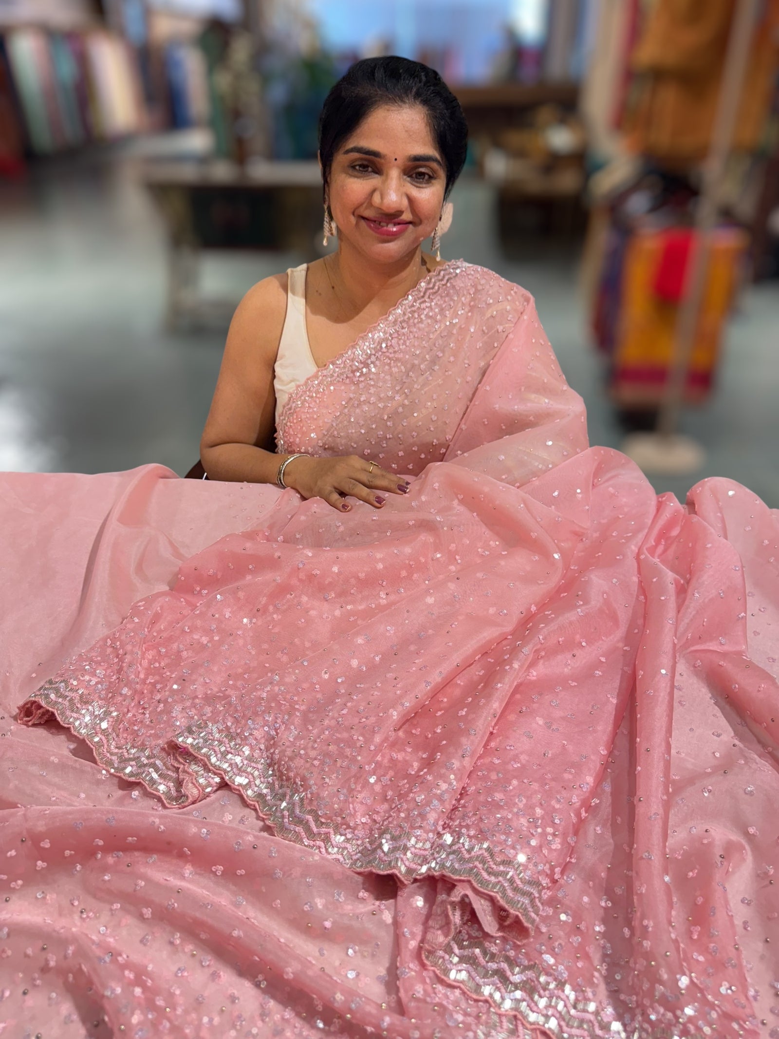 Peach Pink Organza handwork saree with ready to wear blouse