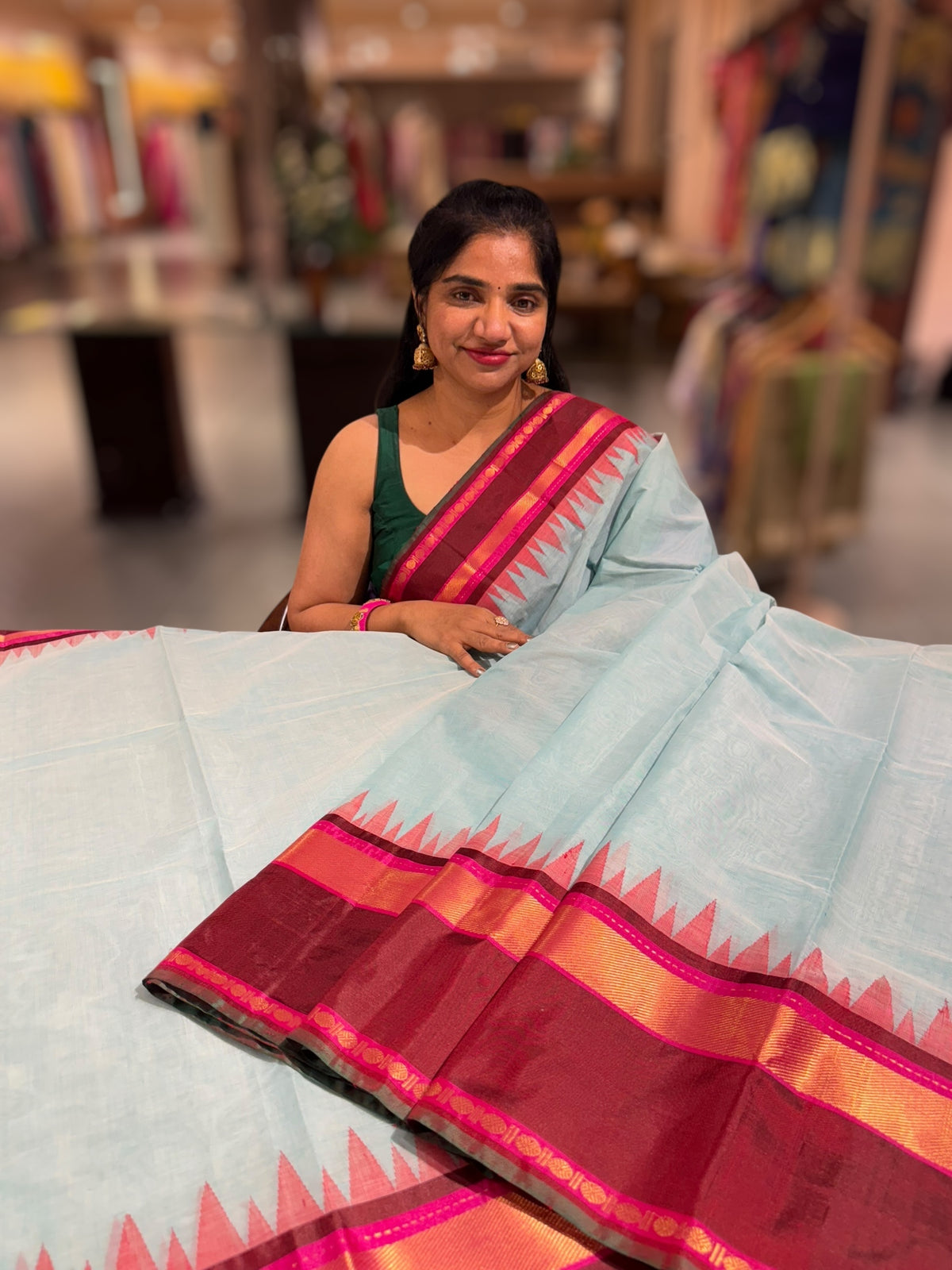 Pastel Blue Ponduru Khadi Saree in 80’s Count with Kanchi Style borders