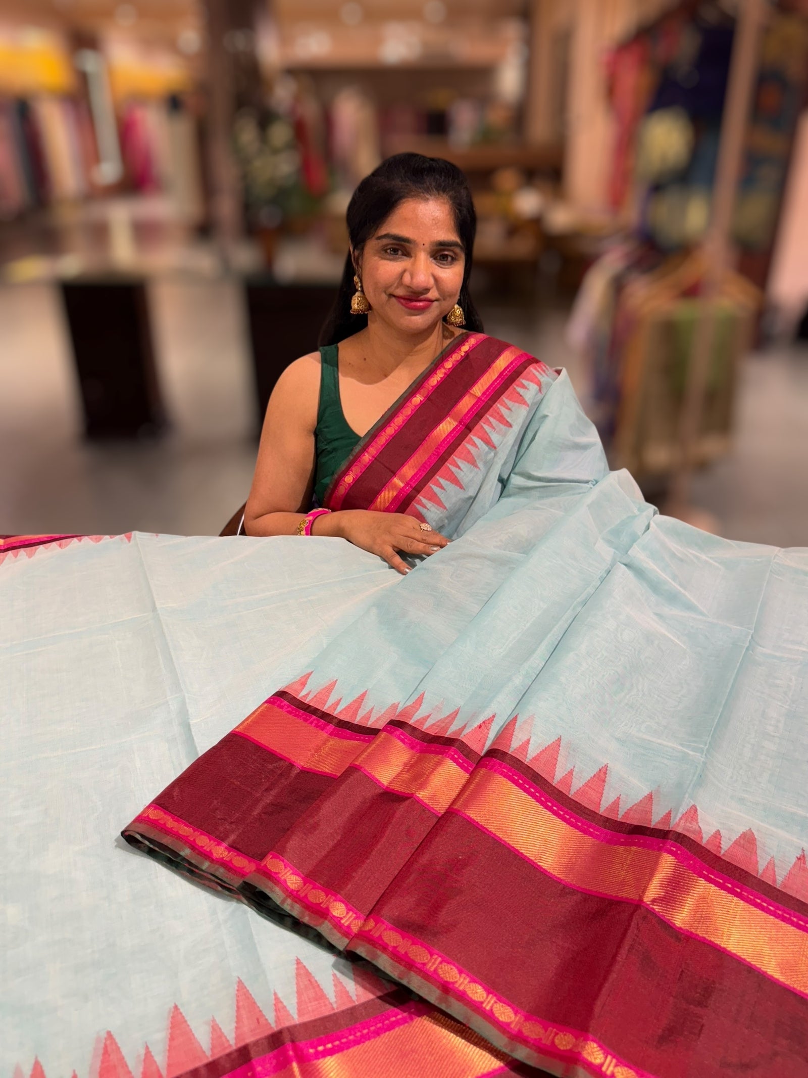 Pastel Blue Ponduru Khadi Saree in 80’s Count with Kanchi Style borders