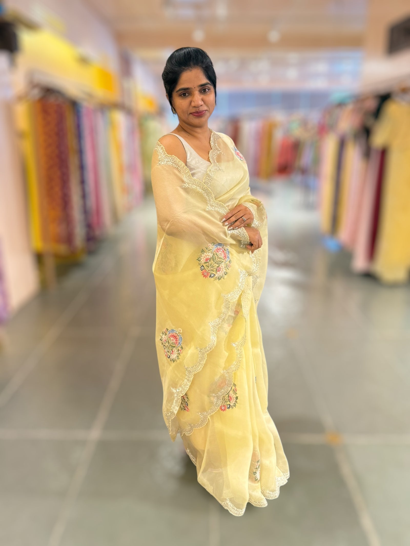 Pastel yellow pure Organza handwork saree
