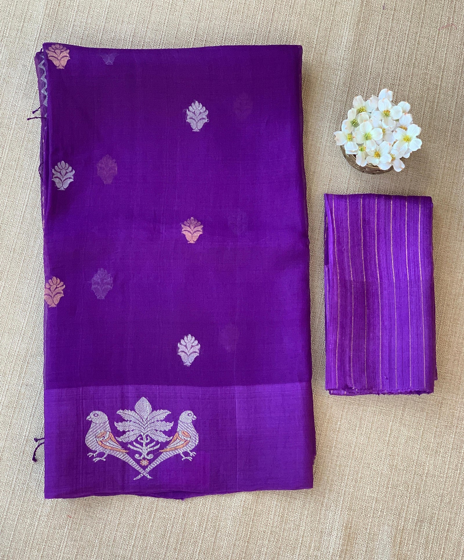 Brinjal Kora muslin sarees with kaduwa woven nandi motif border