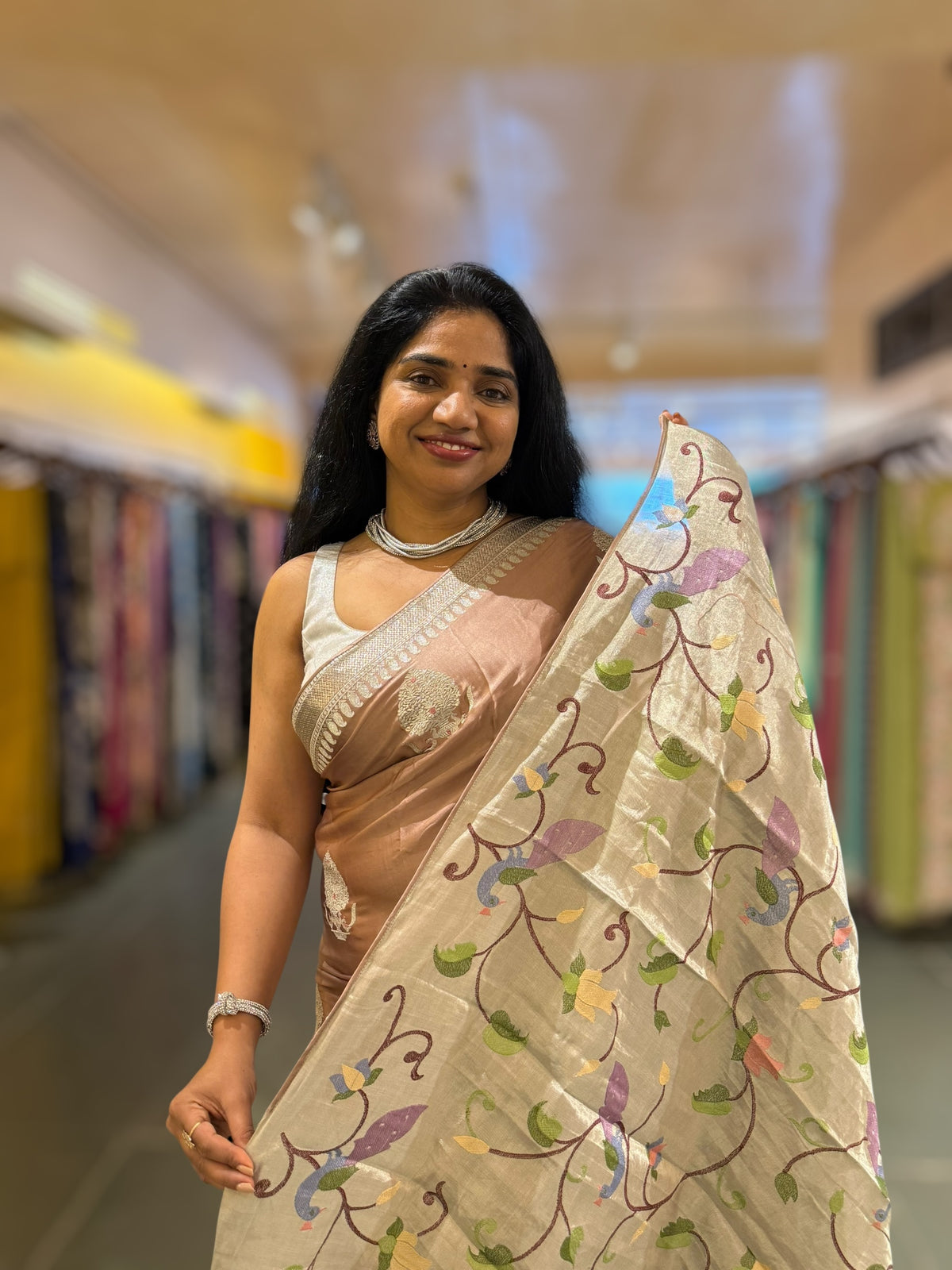 Light Brown Satin Saree with Embroidery.