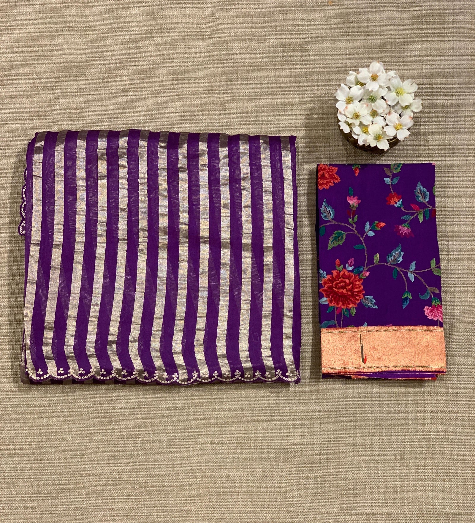 Purple Mul tissue stripes saree with fusion blouse : D62136