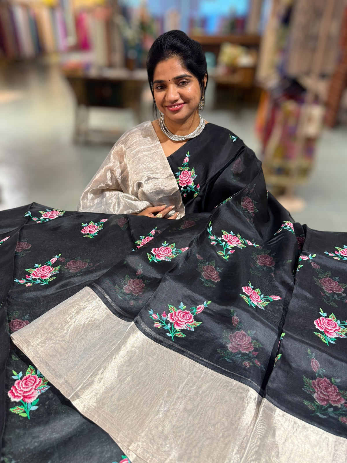 Black Pure Organza Saree with pure Tissue Border