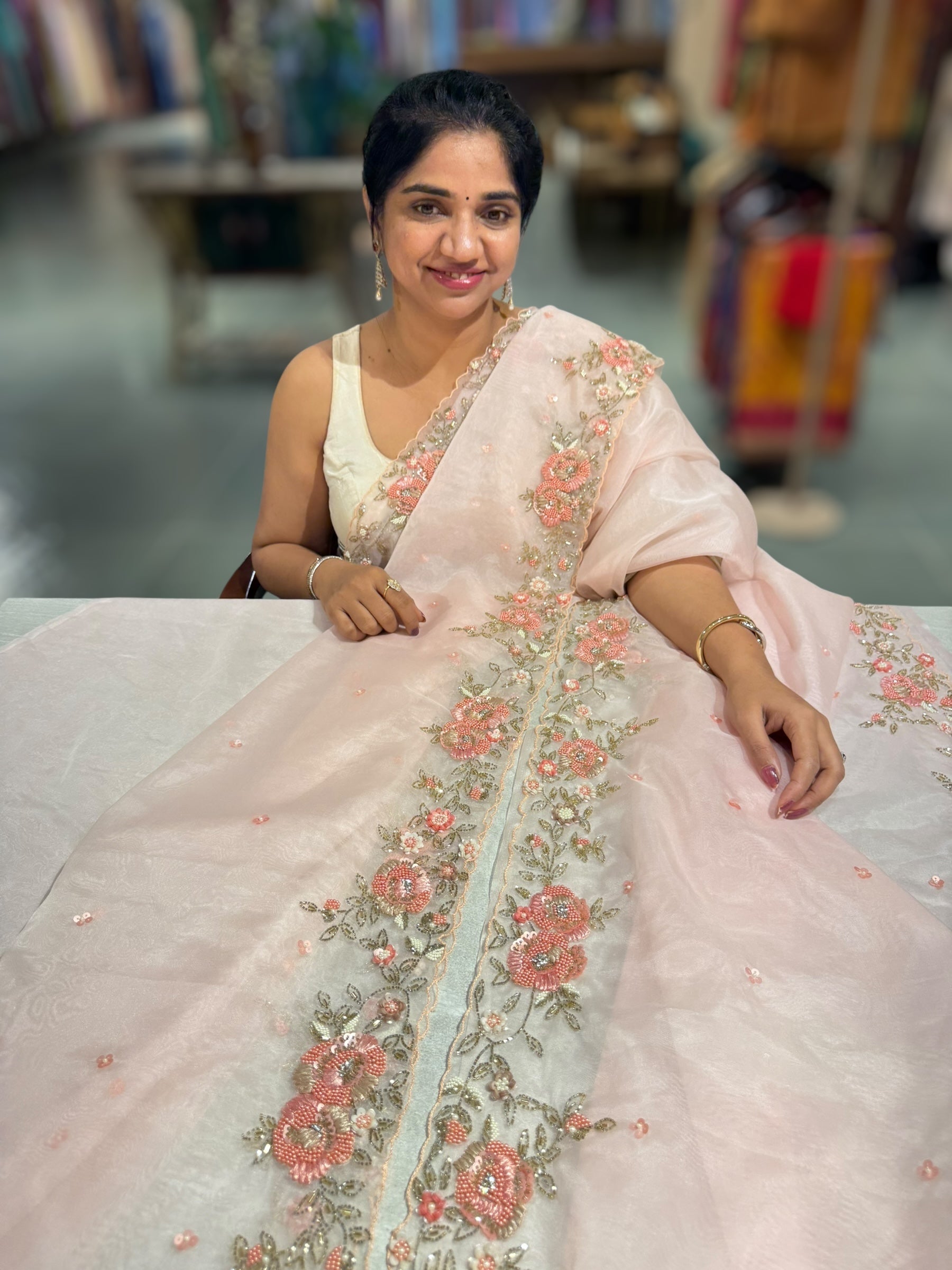 Pink Organza handwork saree with ready to wear blouse