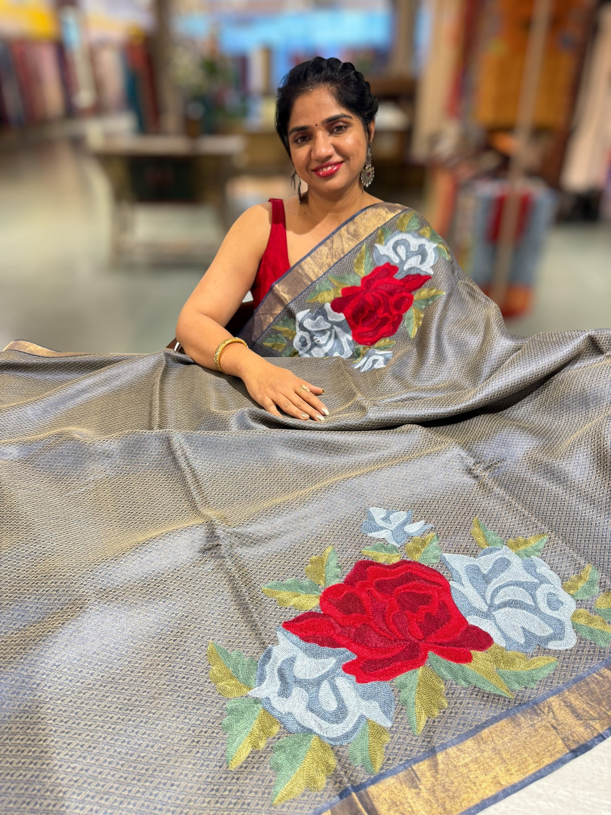 Navy Tussar Brocade Saree With Statement Red Rose Embroidery.