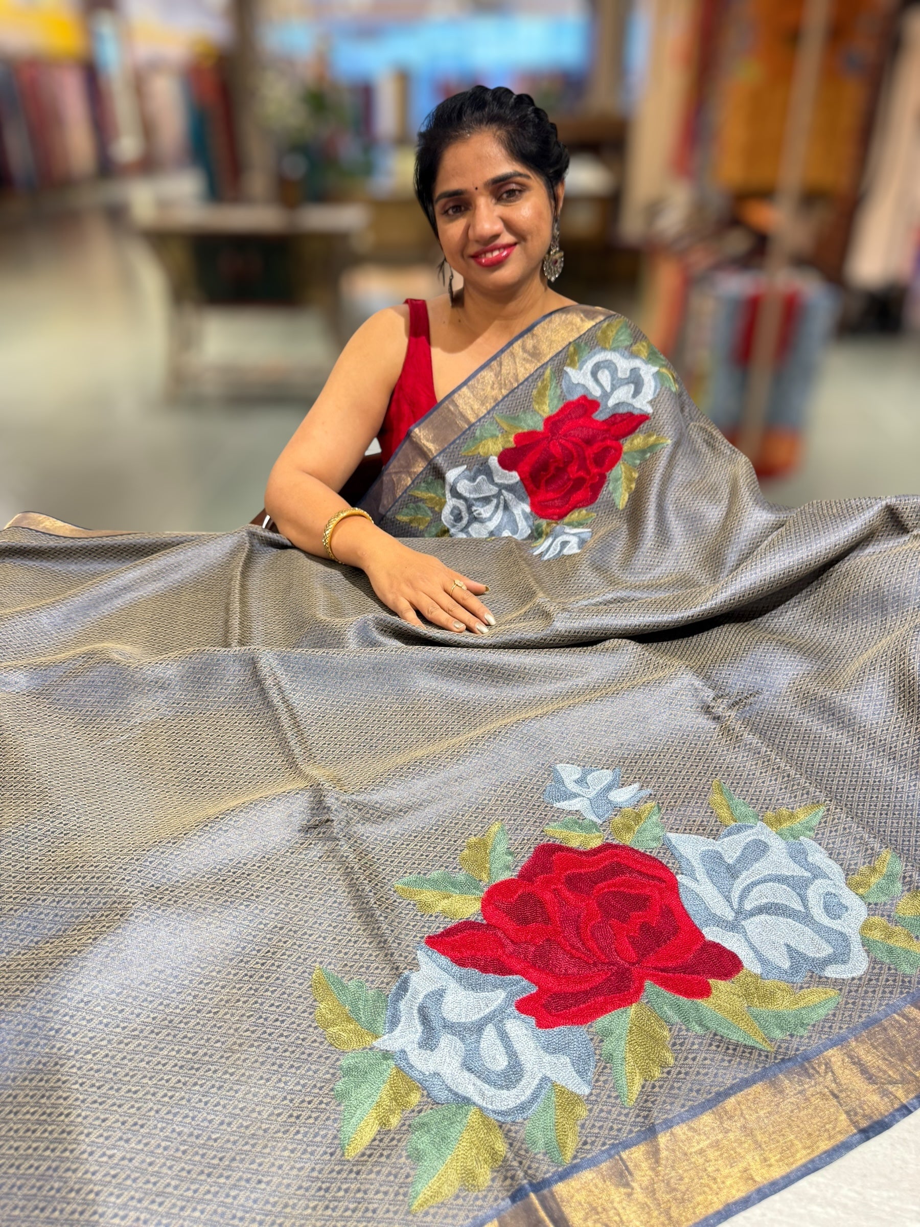 Navy Tussar Brocade Saree With Statement Red Rose Embroidery.