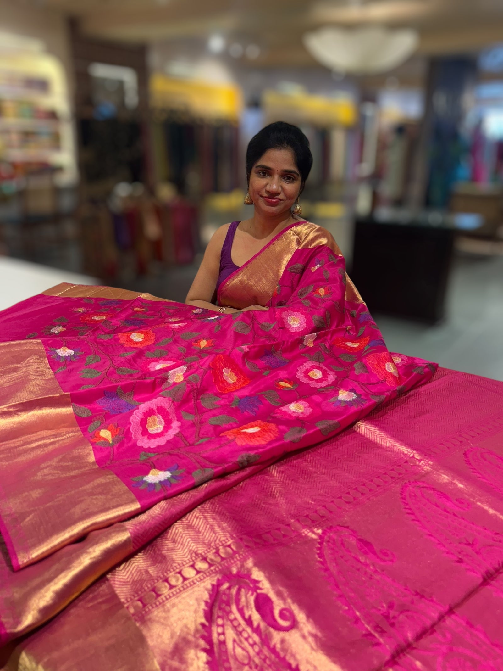 Rani Pink Kanchi Soft Silk Saree with allover jamdani inspired embroidery
