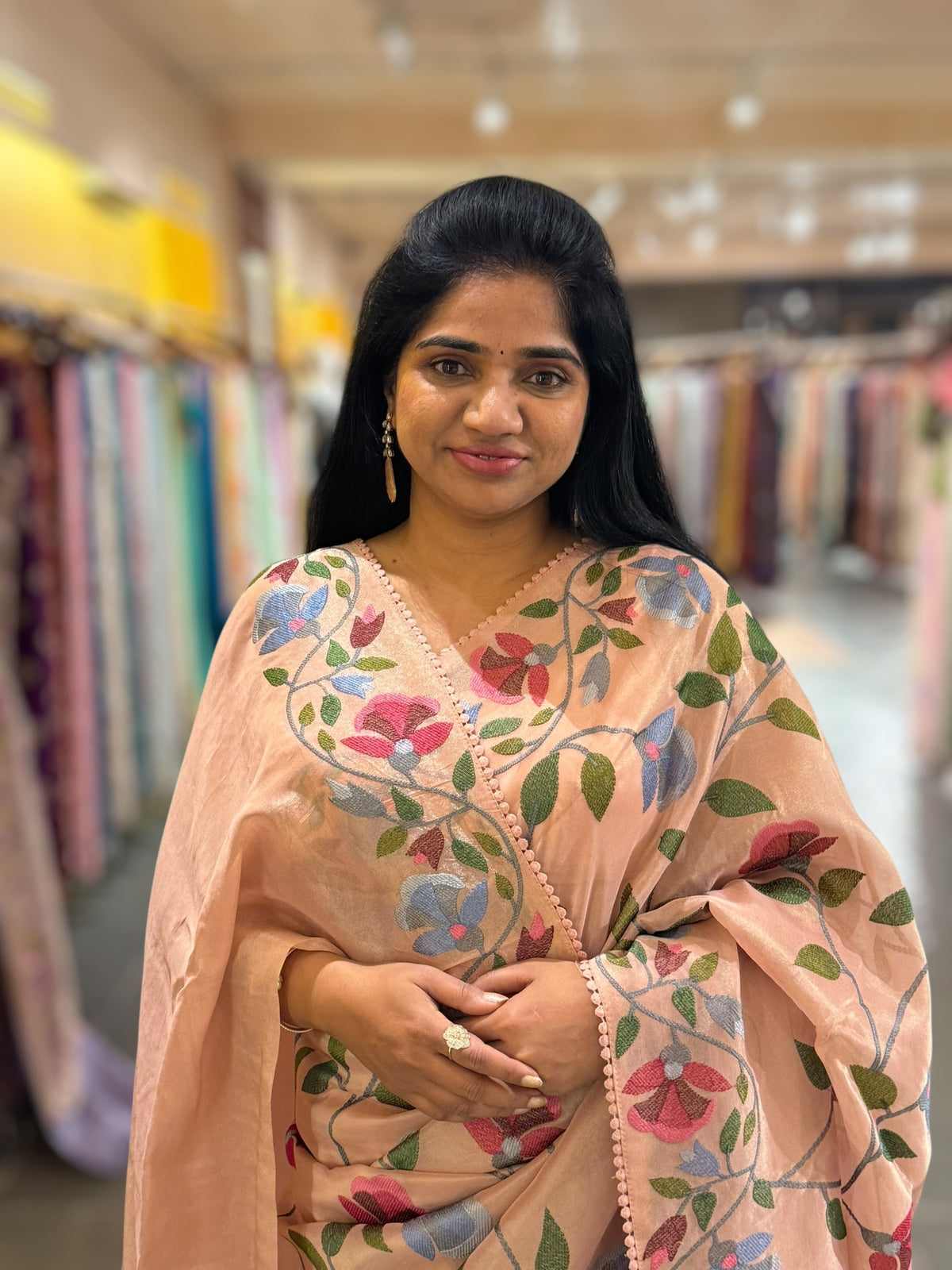 Nude Pink Tissue georgette saree with embroidey