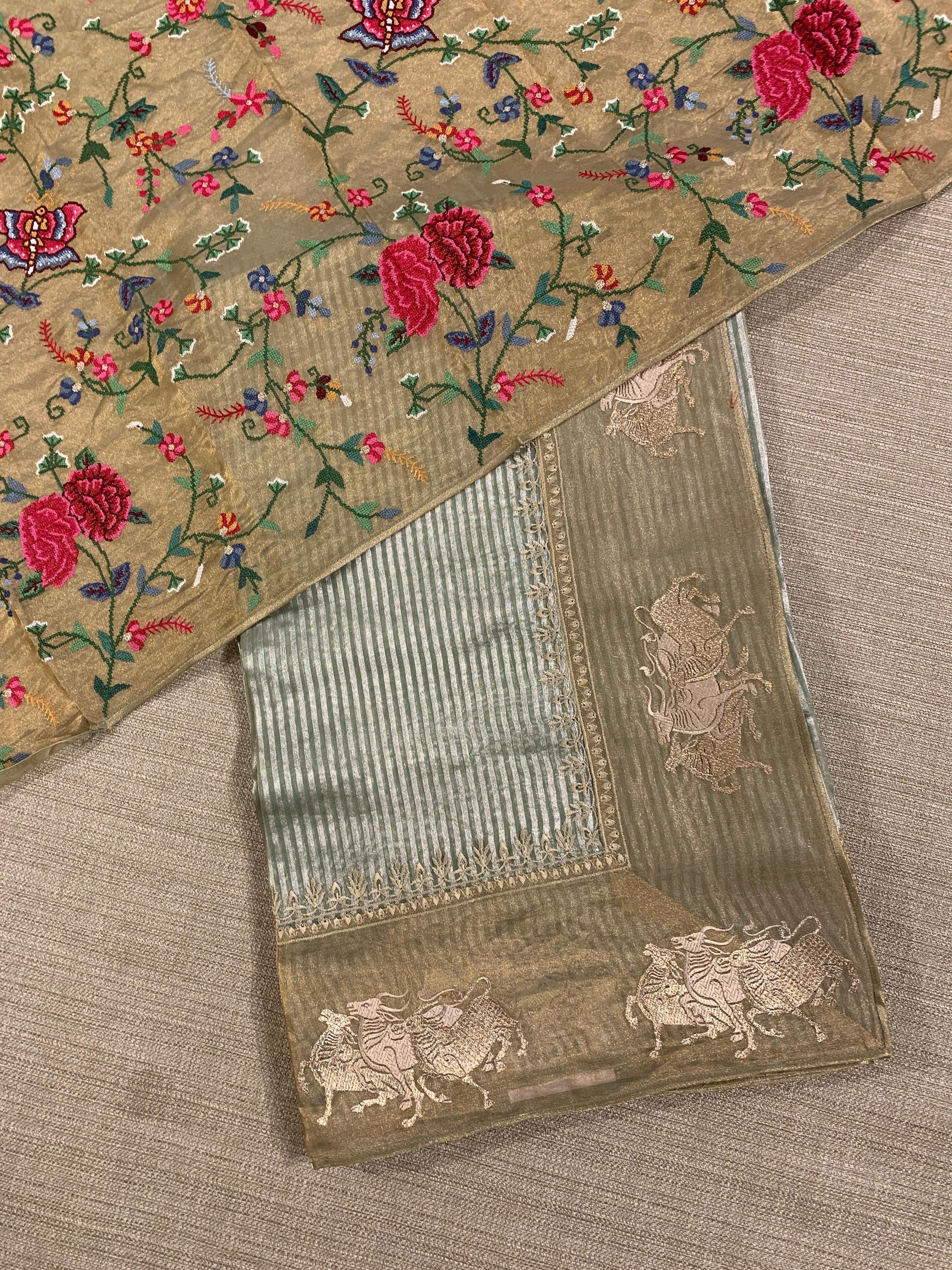 Mint Kora tissue stripes Saree with Nandi embroidered tissue border