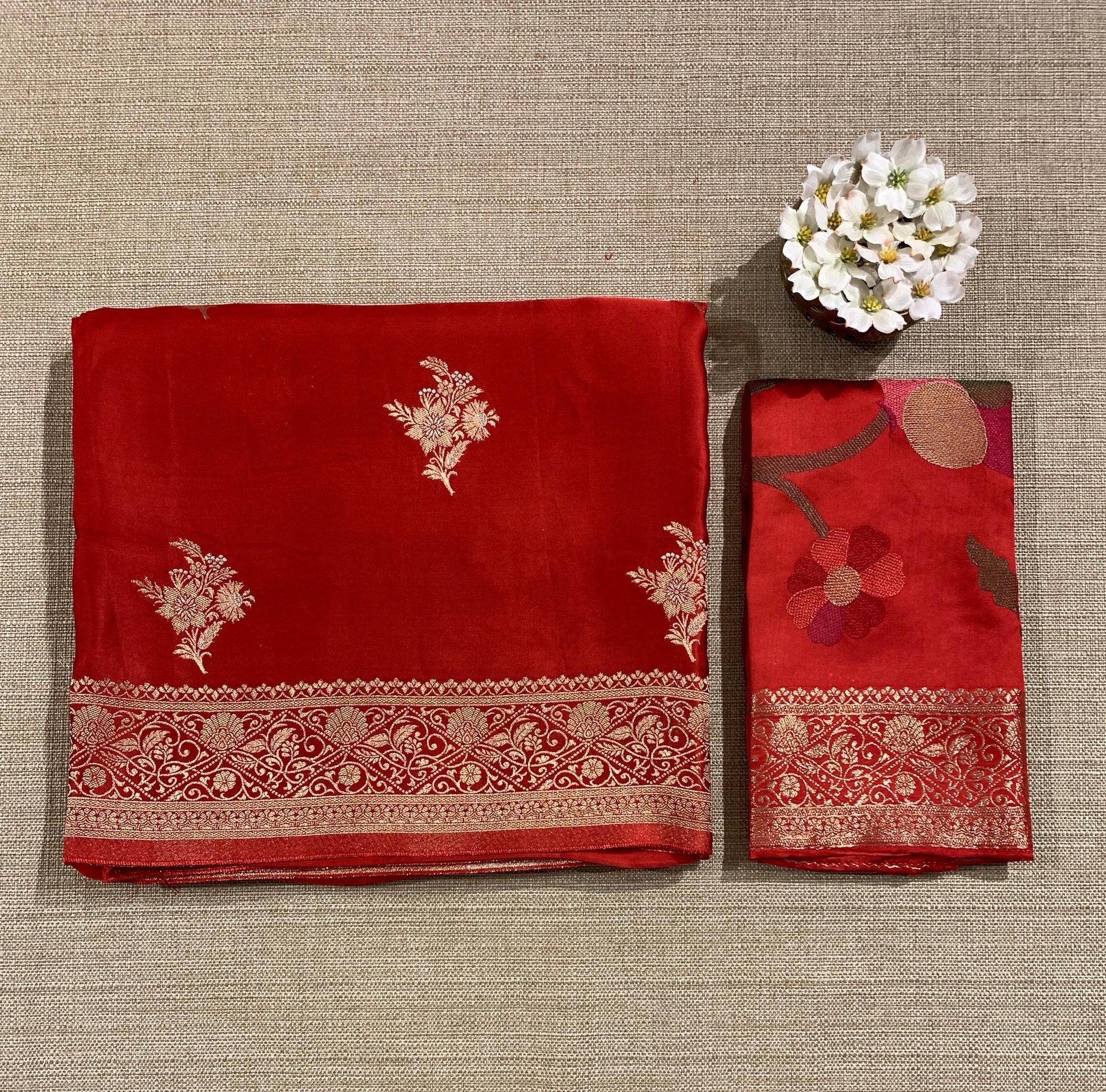 Red Mashru Silk Saree with Paithani inspired embroidered blouse