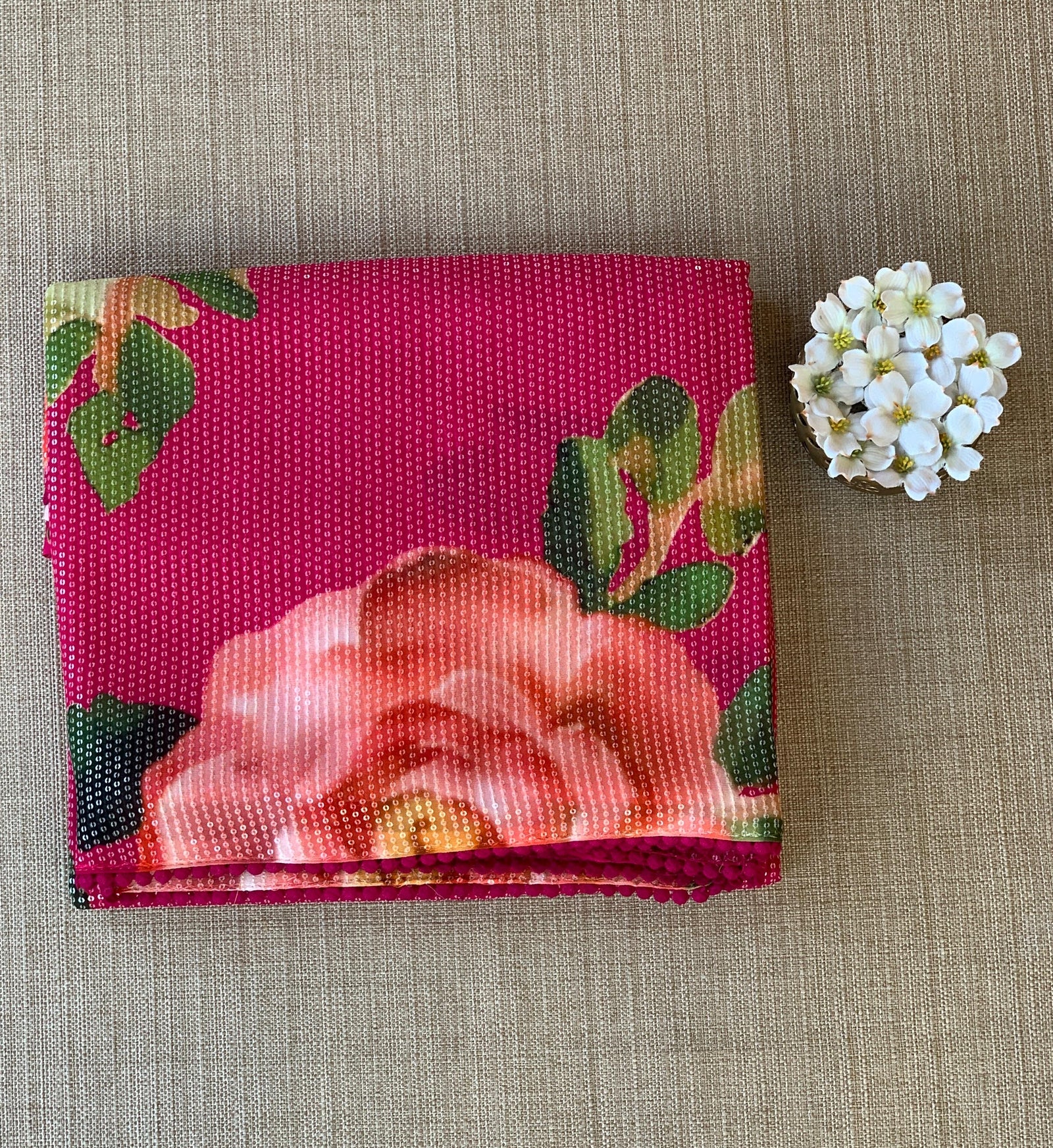 Dark Pink georgette sequence saree with statement floral print