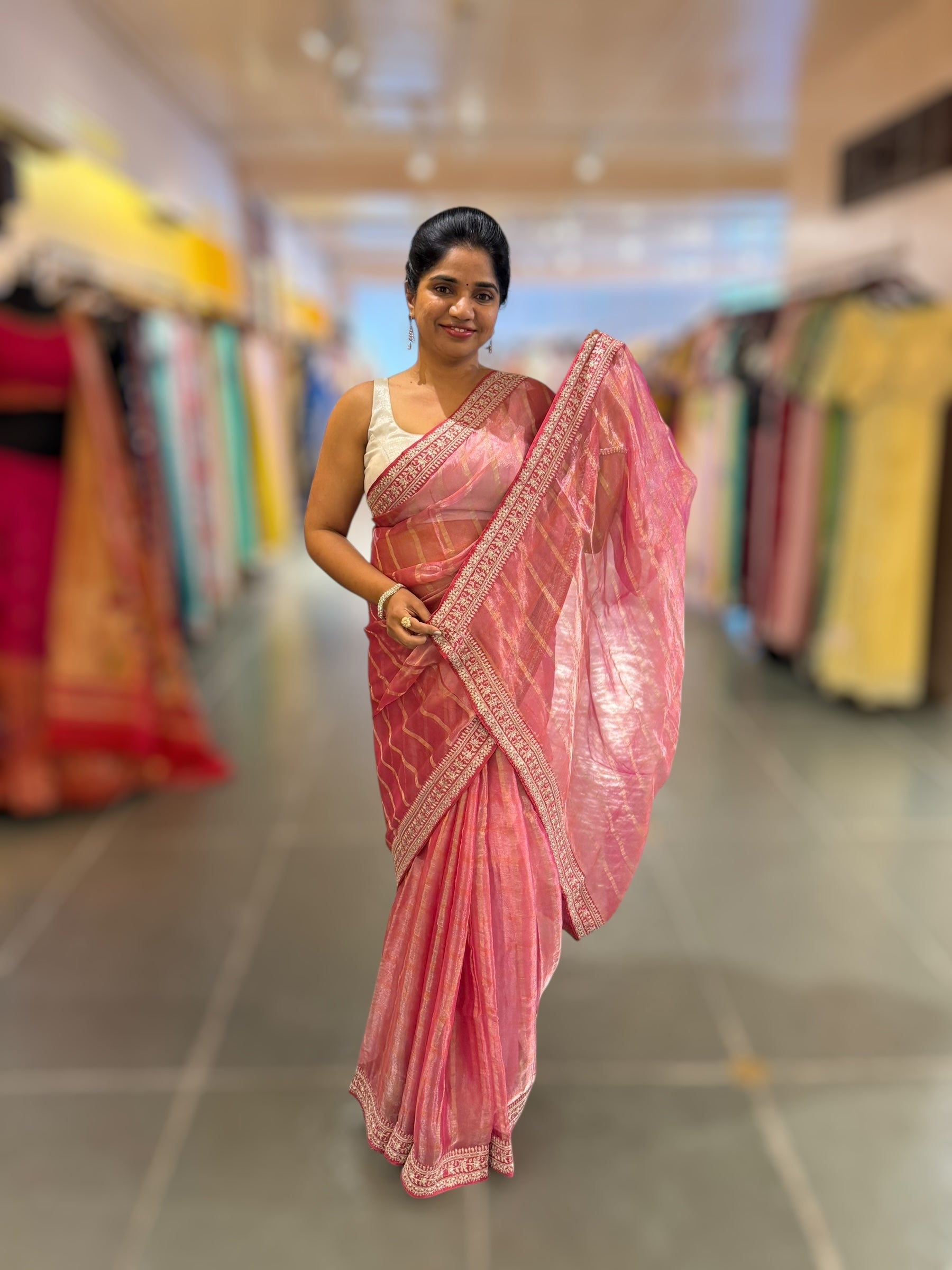 Coral Pink Pure Handloom Tissue checks Saree with sabyasachi borders