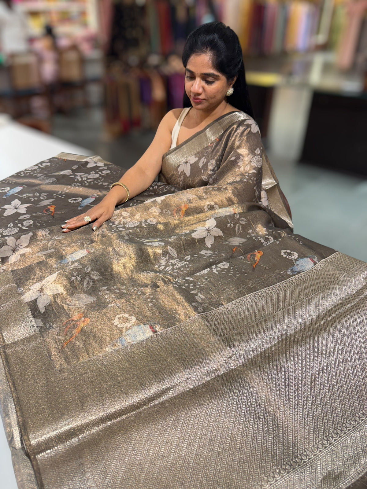 Dark Olive/ Deep mehendi Green Printed Banarasi Cotton Tissue