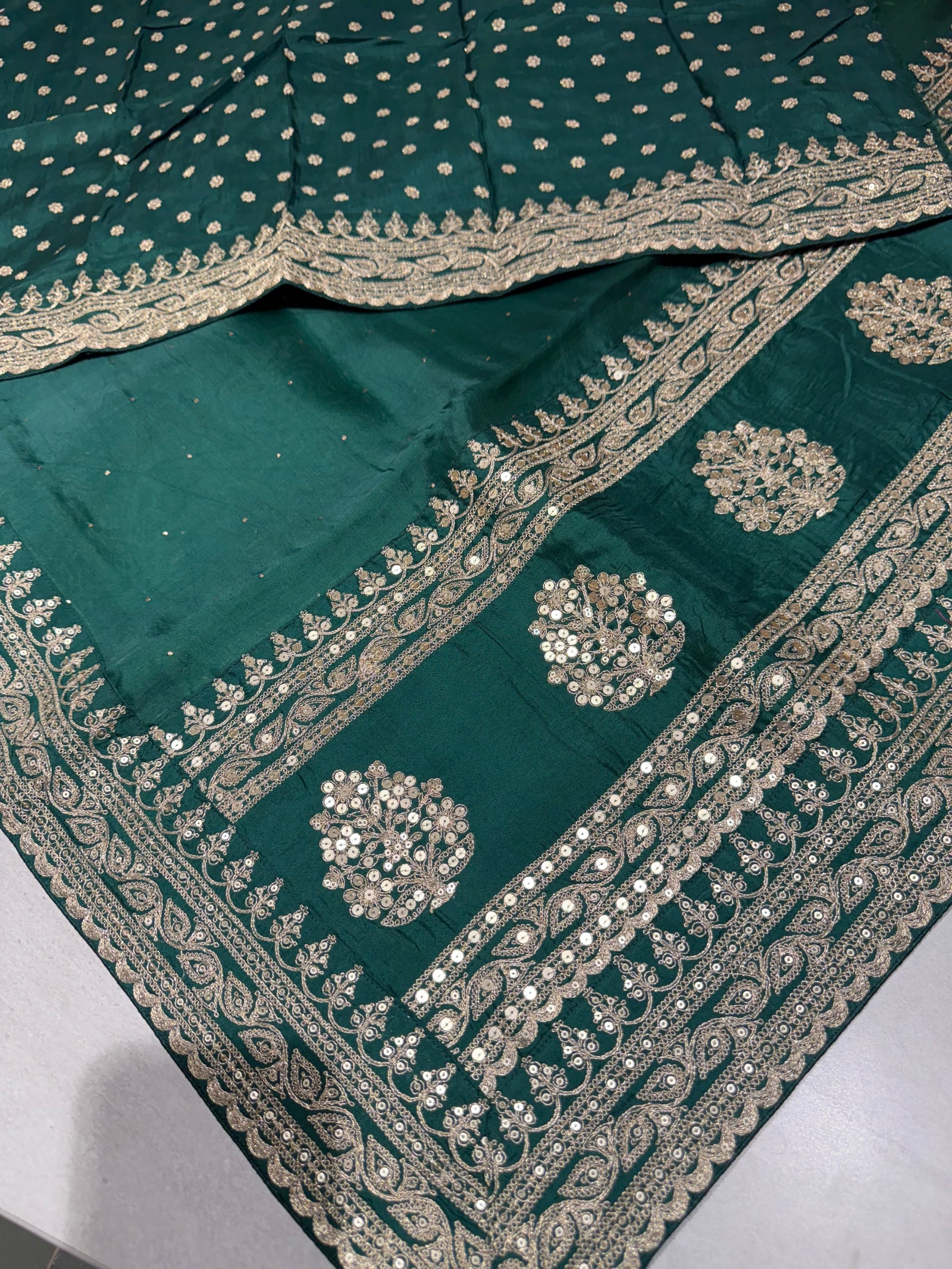 Emerald Green Pure Organza Saree with allover mukaish work & sabyasachi borders