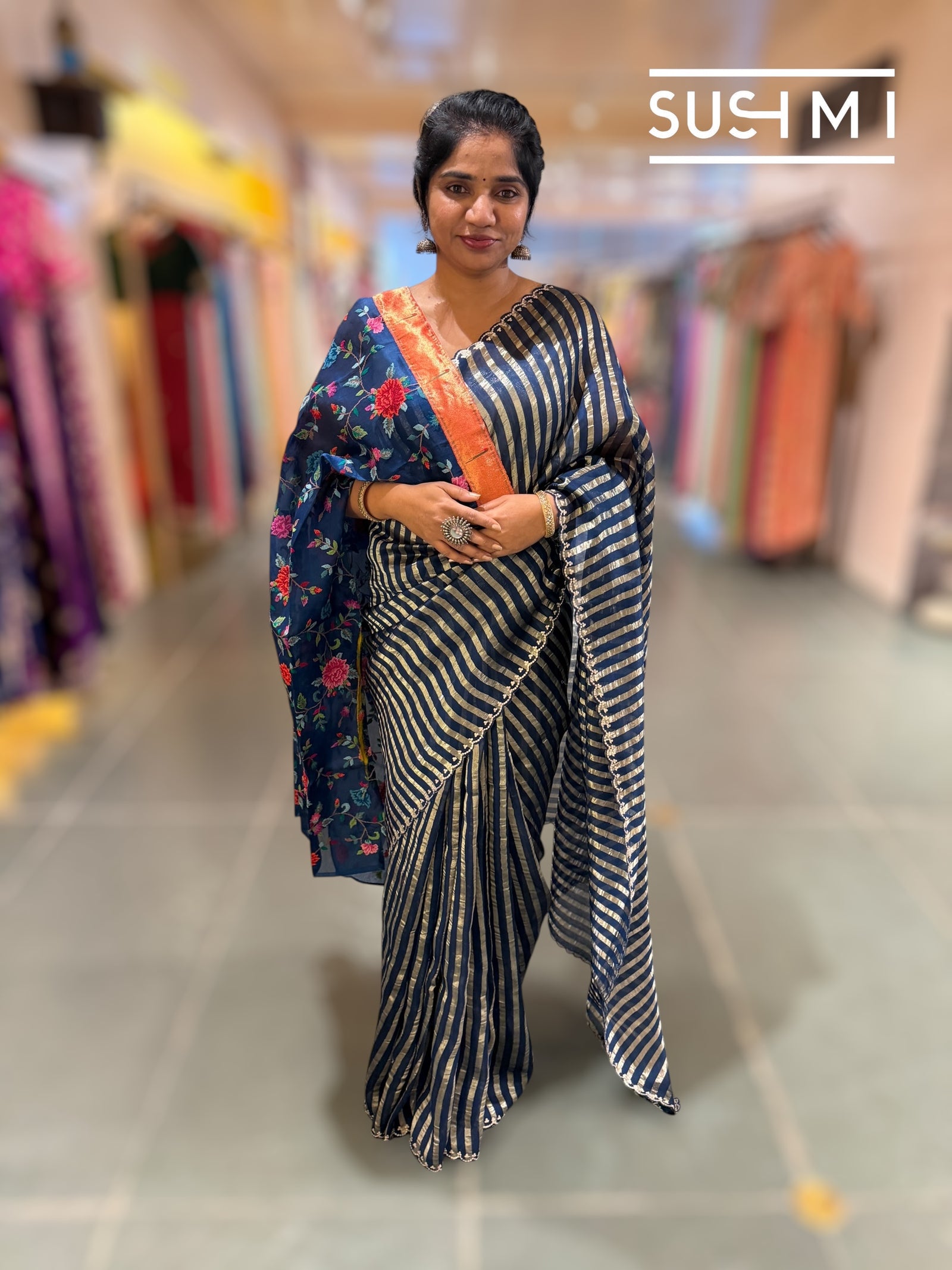 Midnight blue Mul tissue stripes saree with fusion blouse : D62134