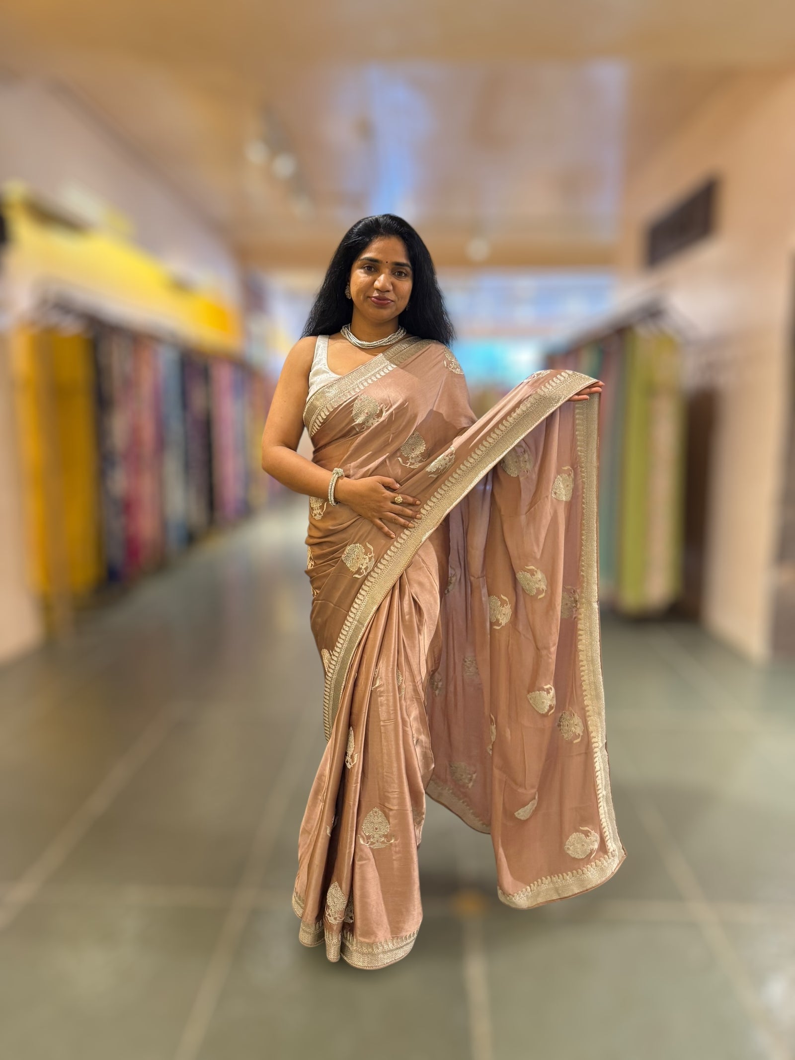 Light Brown Satin Saree with Embroidery.