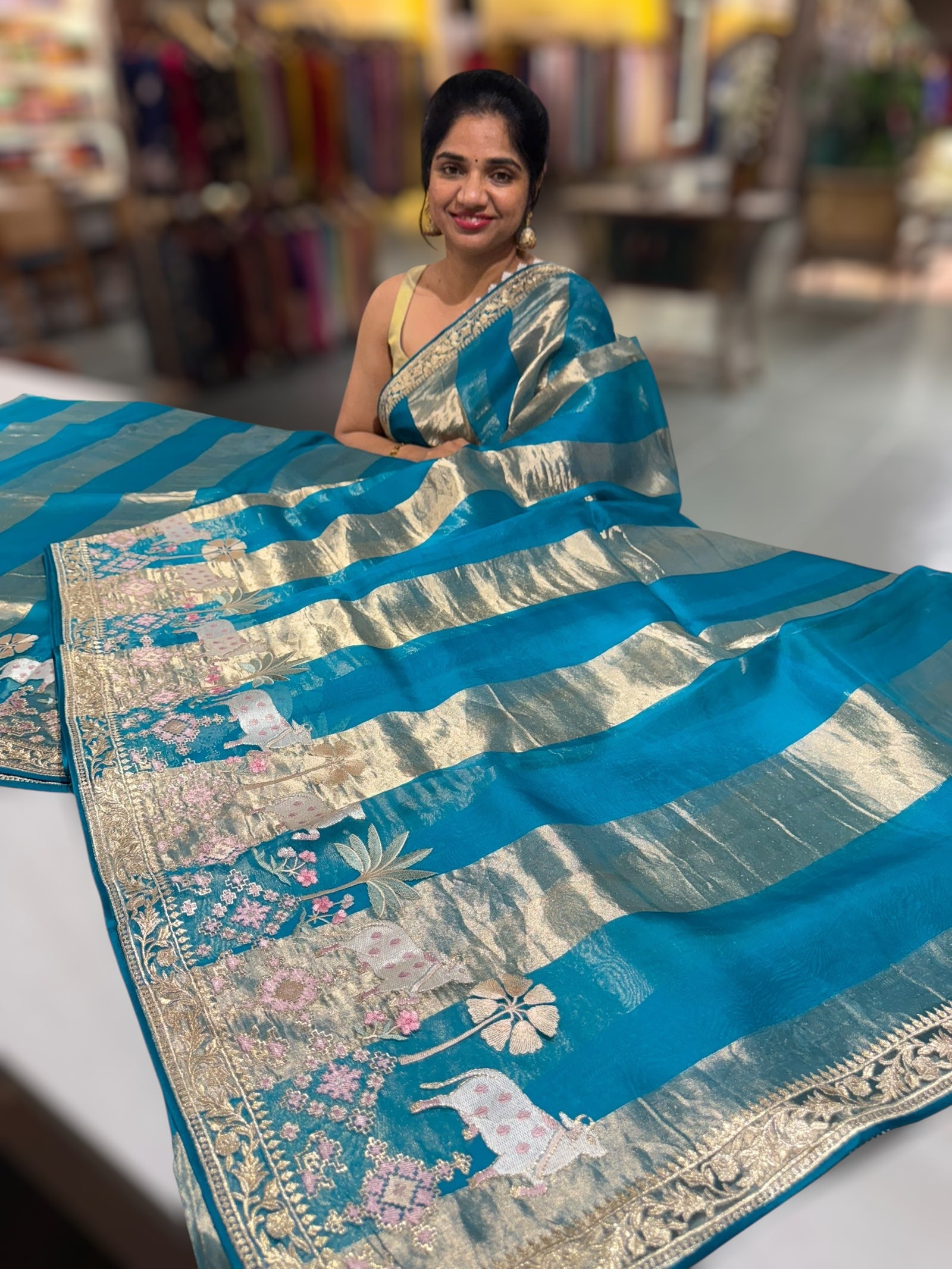 Peacock Blue Kora Tissue Stripes Saree With Jamdani  & Pichwai embroidered Border