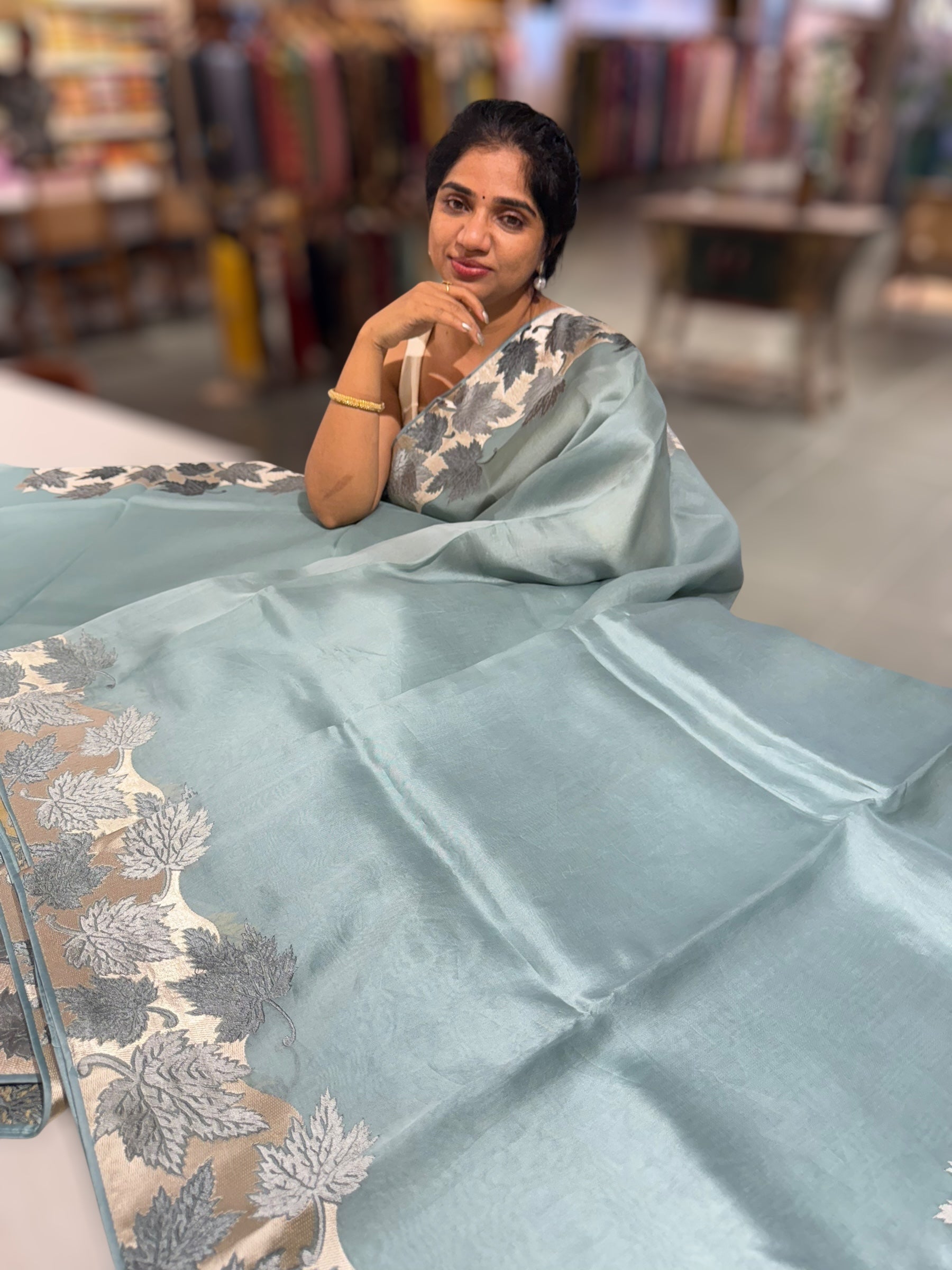 Dark Powder Blue Organza Saree with Stunning Leaf Embroidered Border