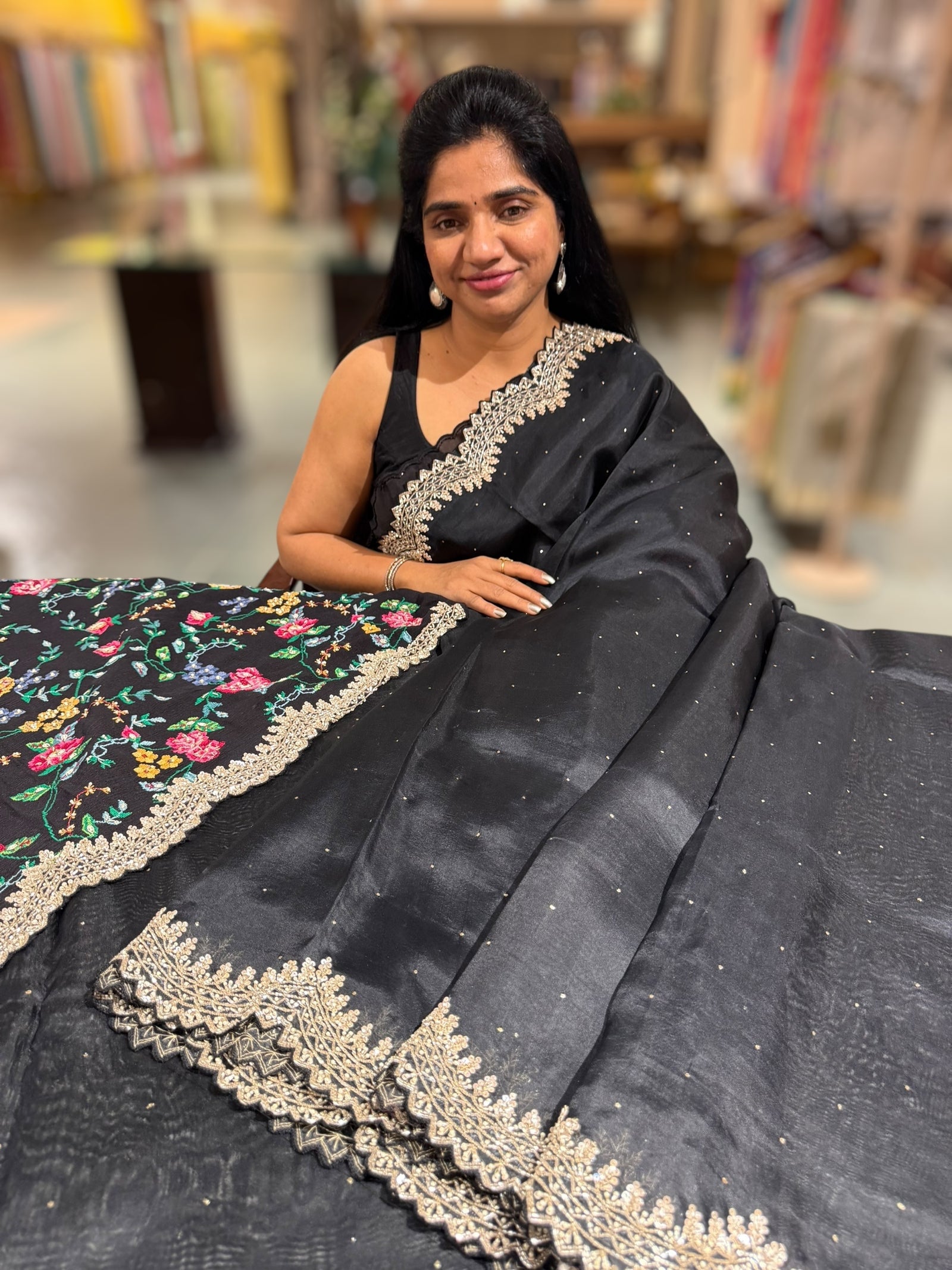 Black Pure Organza Handwork Saree with heavy Designer Blouse