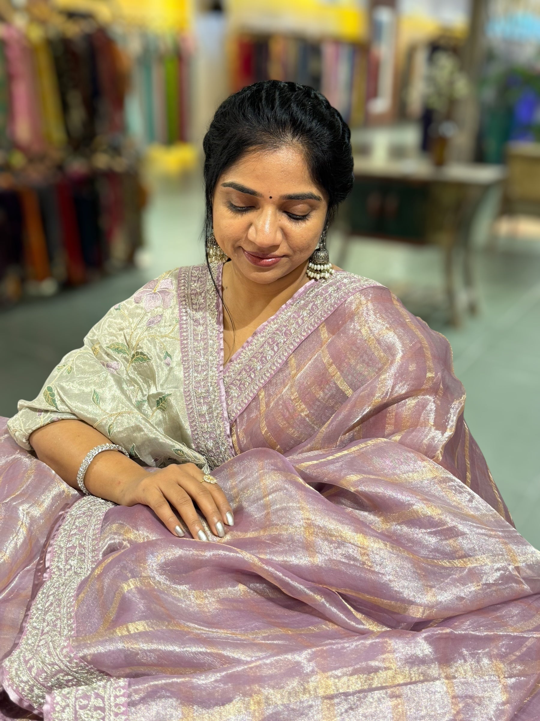 Lilac Banarasi Tissue checks Saree with Sabyasachi Borders
