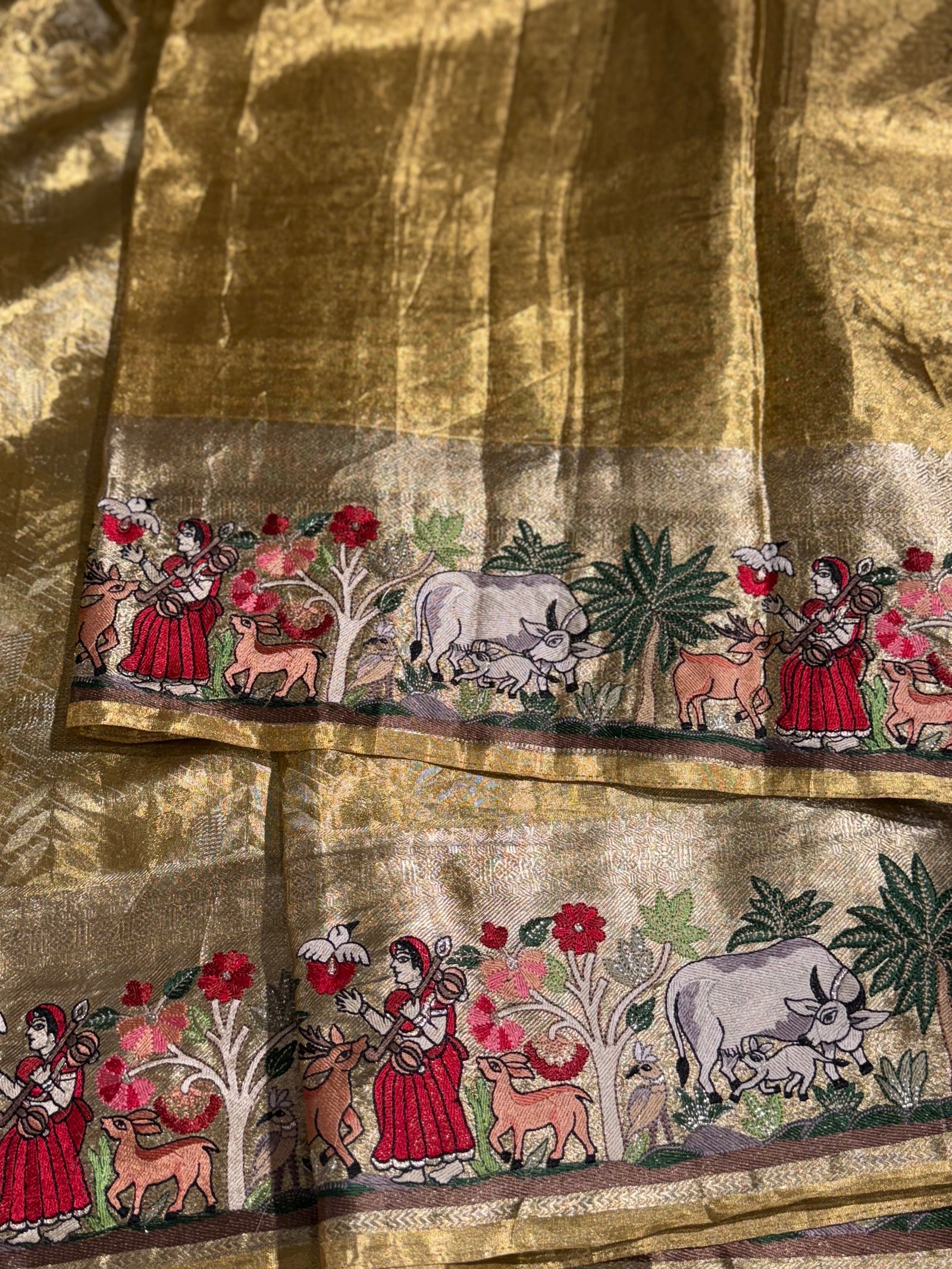Gold Kanjeevaram Saree with Village Theme Embroidery