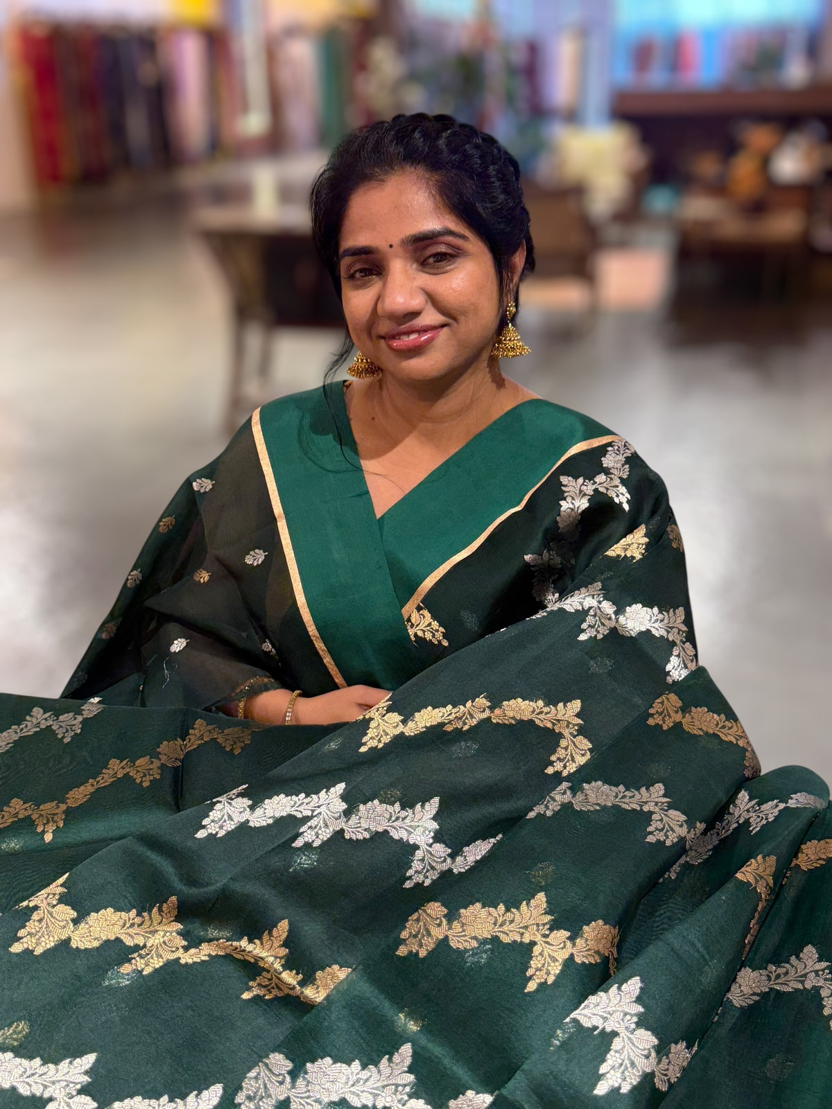 Bottle Green Kora Banarasi Saree in half & half style
