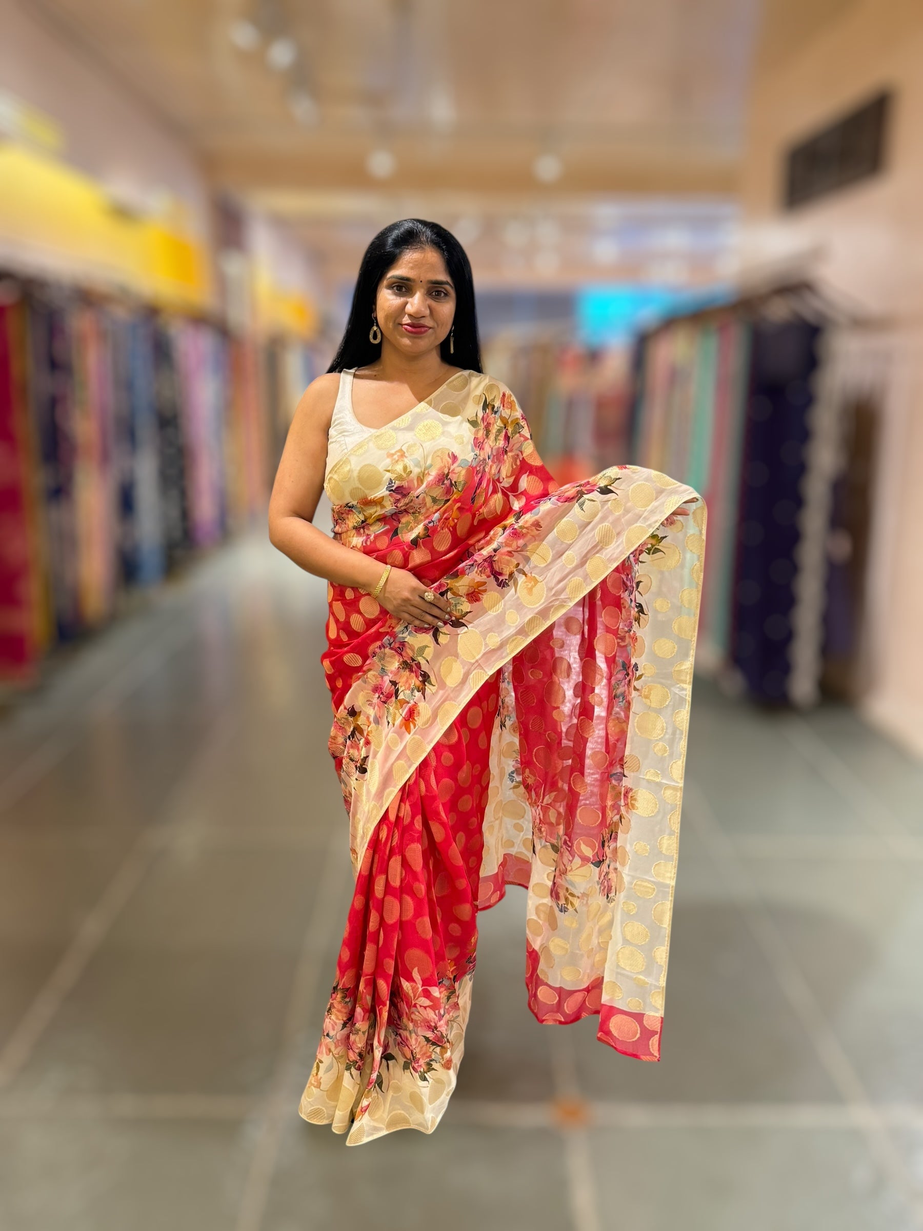 Tomato Red Banarasi Kora Gorgette Polka dot Printed Saree