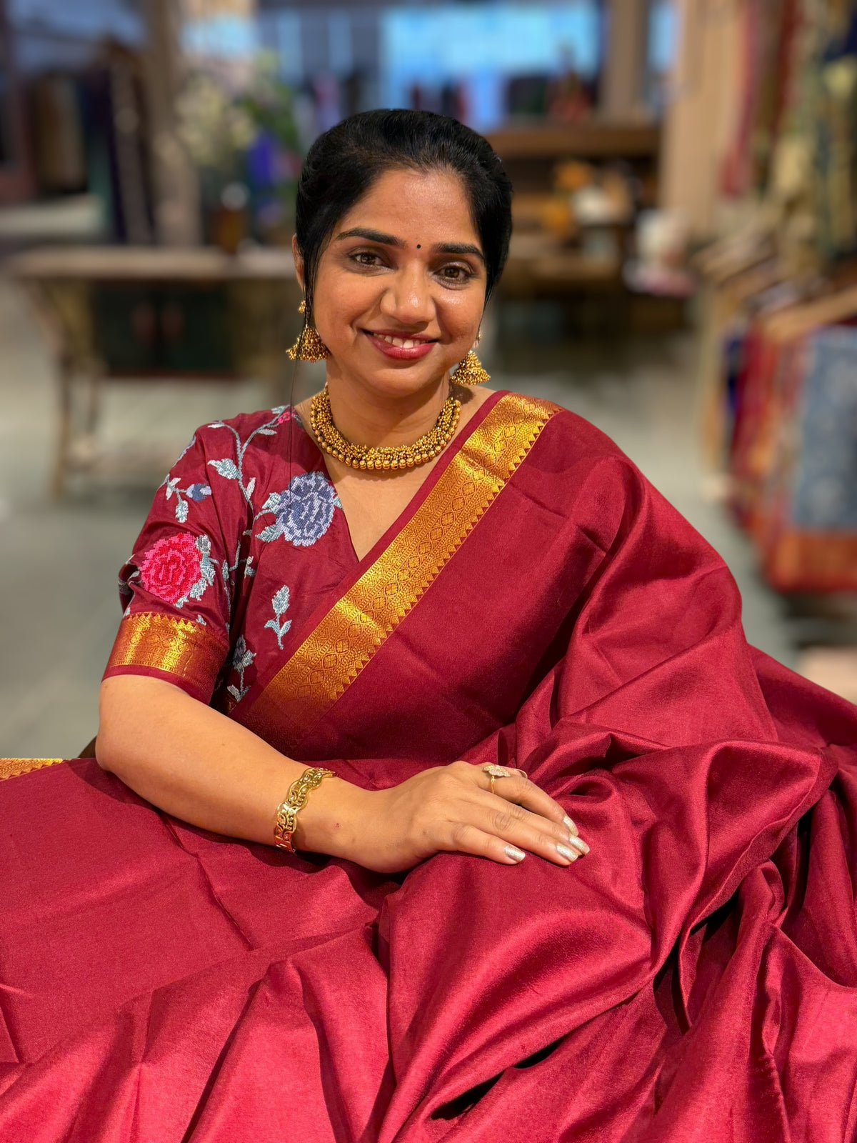 Meroon Kanchi Vintage Saree with Petite Point Embroidered Blouse