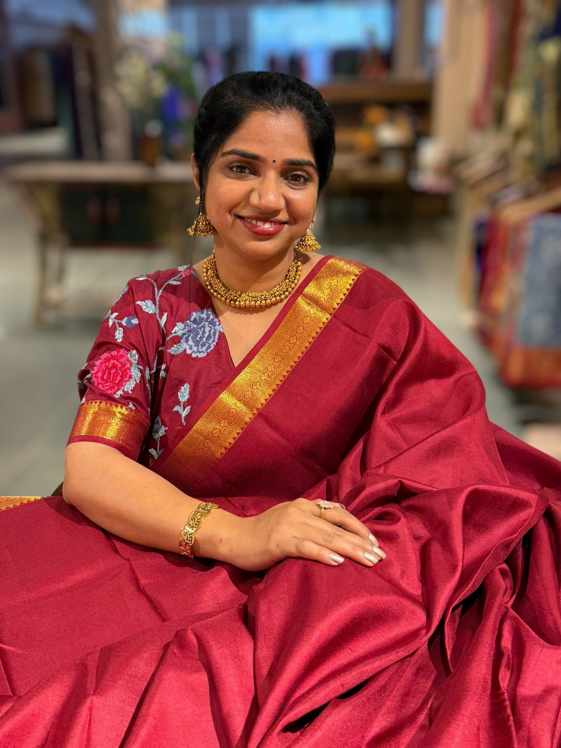 Meroon Kanchi Vintage Saree with Petite Point Embroidered Blouse