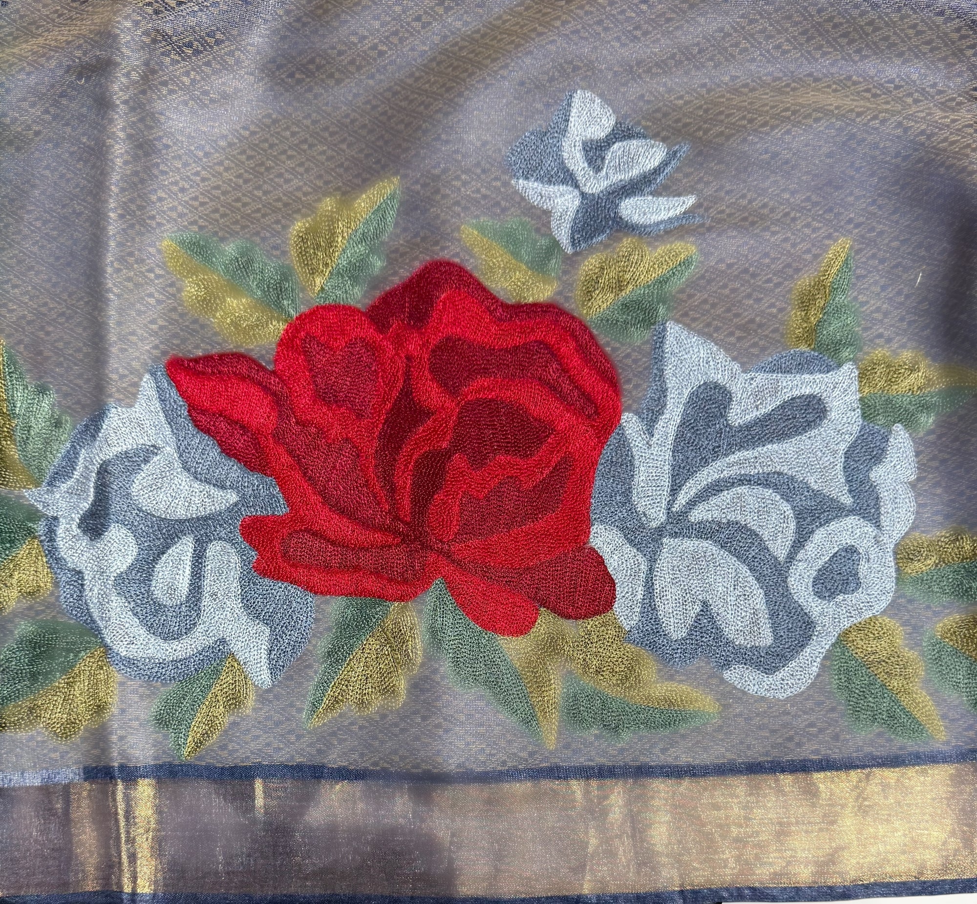 Navy Tussar Brocade Saree With Statement Red Rose Embroidery.