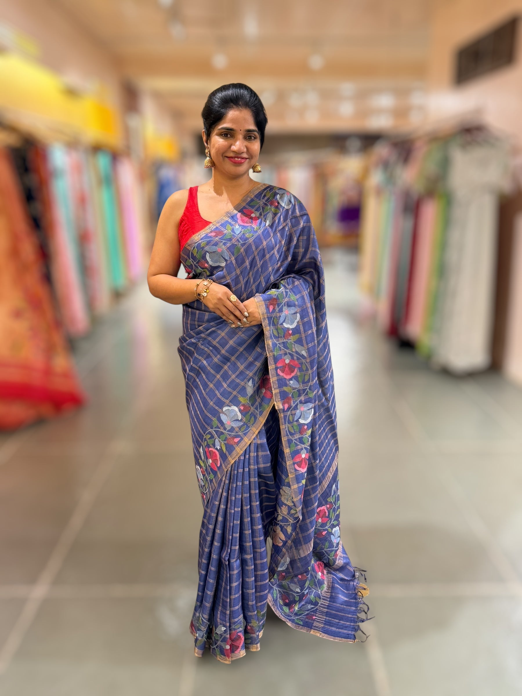 Cobalt Blue pure handloom Tussar Vintage Checks Saree with Jamdani inspired embroidered border