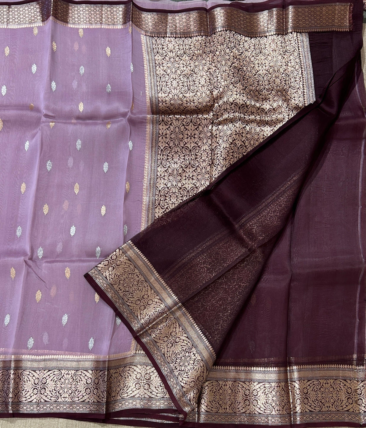 Mauve & Wine Combo Pure Handloom premium Kora Banarasi Saree