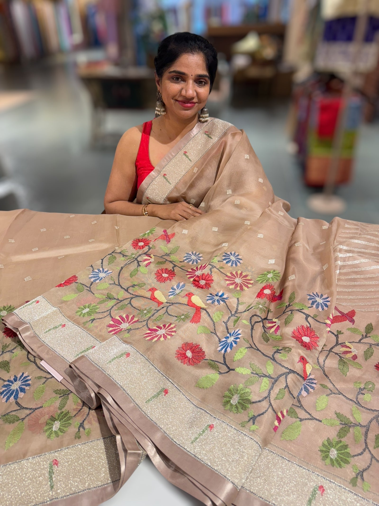 Light Brown Earthy Tone Pure Organza Saree with pythani insipred embroidery