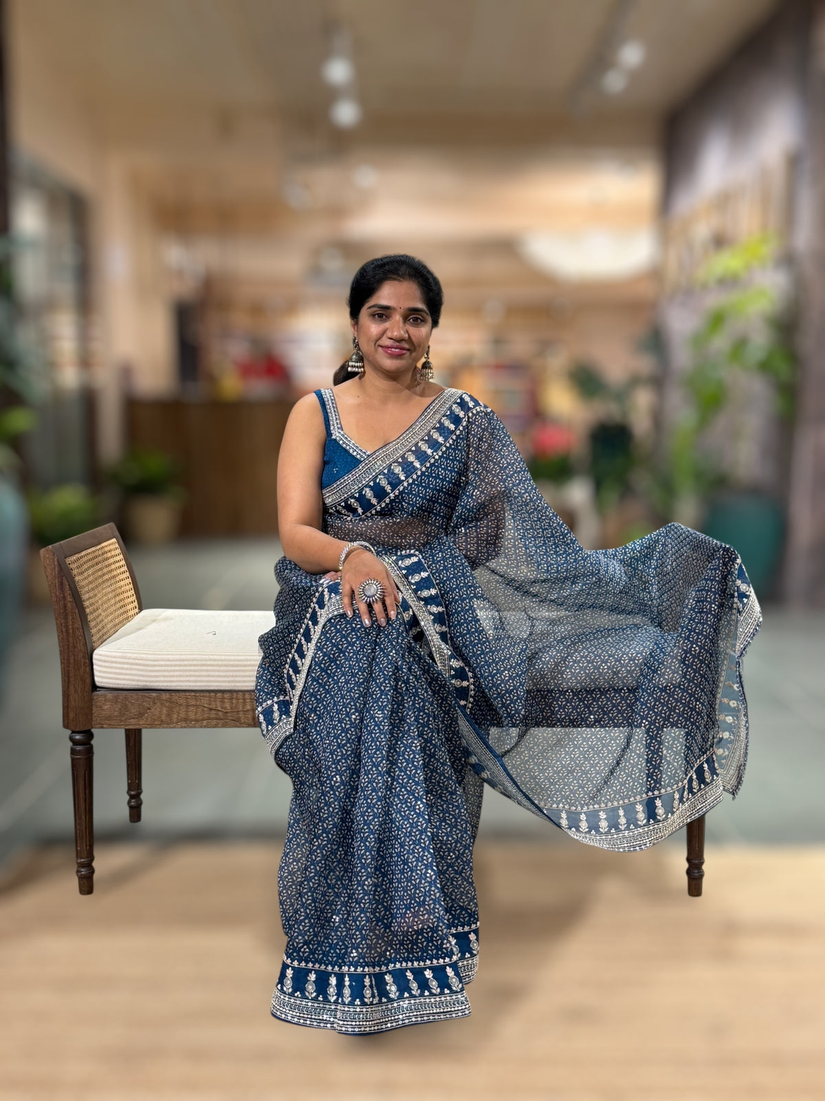 Kareena Kapoor Inspired Indigo Pure Organza Printed Saree with Handwork border and Blouse