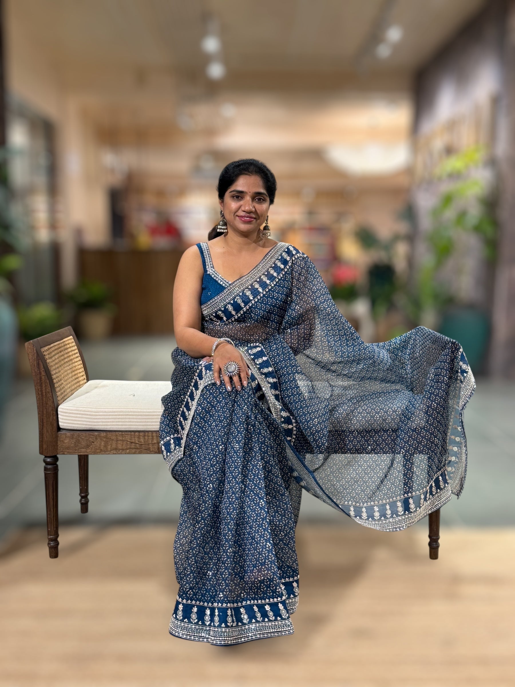 Kareena Kapoor Inspired Indigo Pure Organza Printed Saree with Handwork border and Blouse