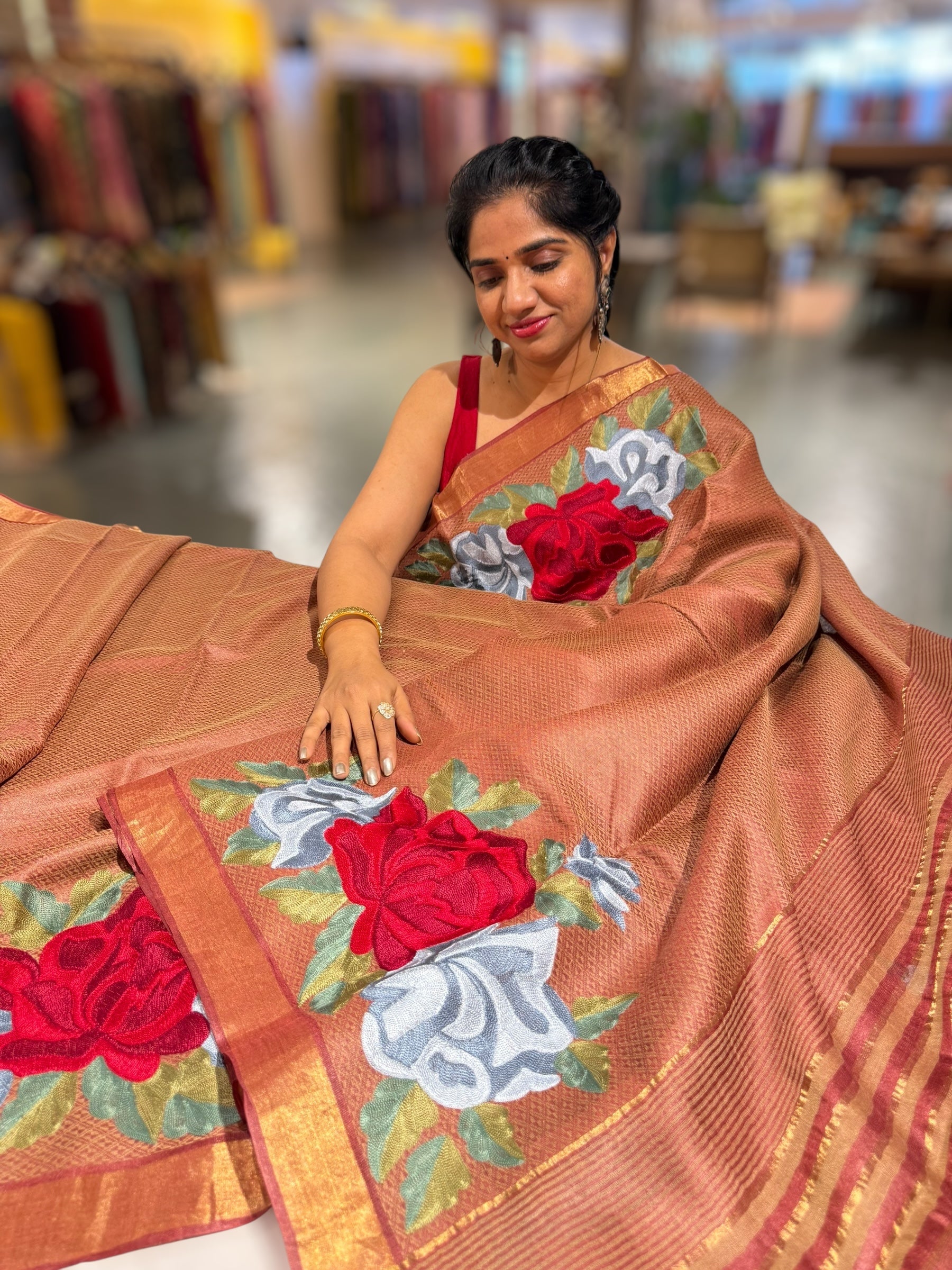 Rust Tussar Brocade Saree With Statement Red Rose Embroidery.