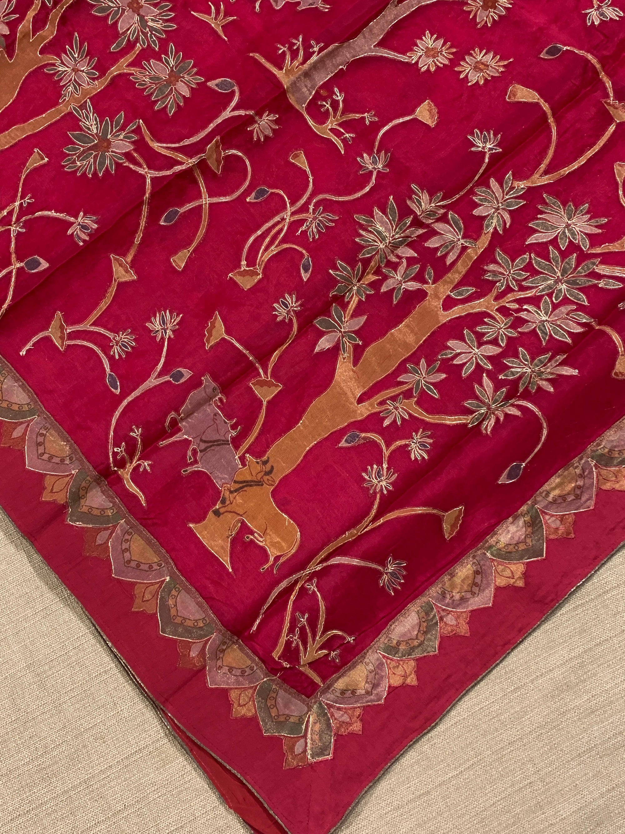 Ruby Pink Designer Organza Saree with Stunning Tissue Applique work Saree with Village theme