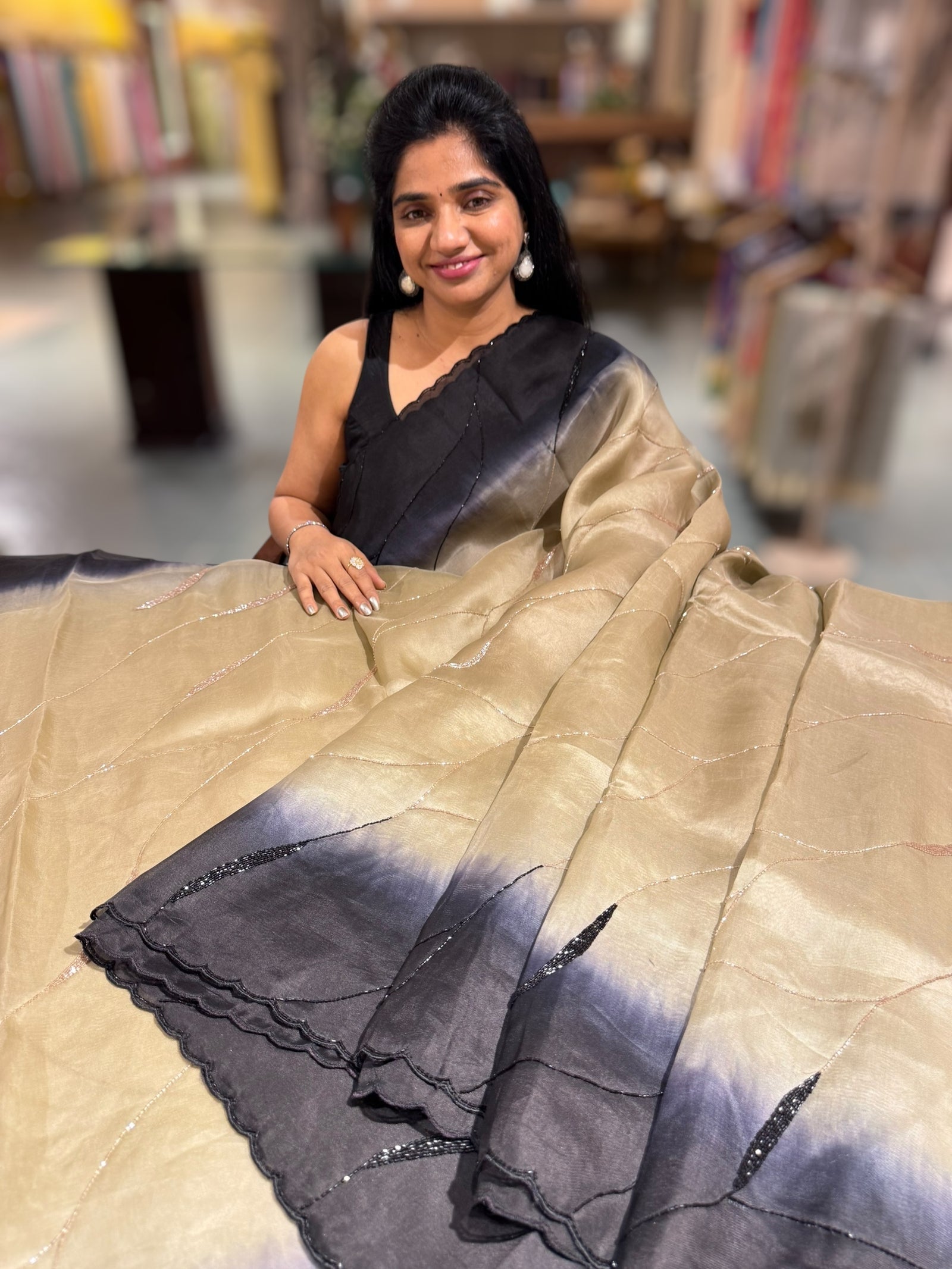 Chickoo & Black Ombre Dyed Pure Organza handwork saree