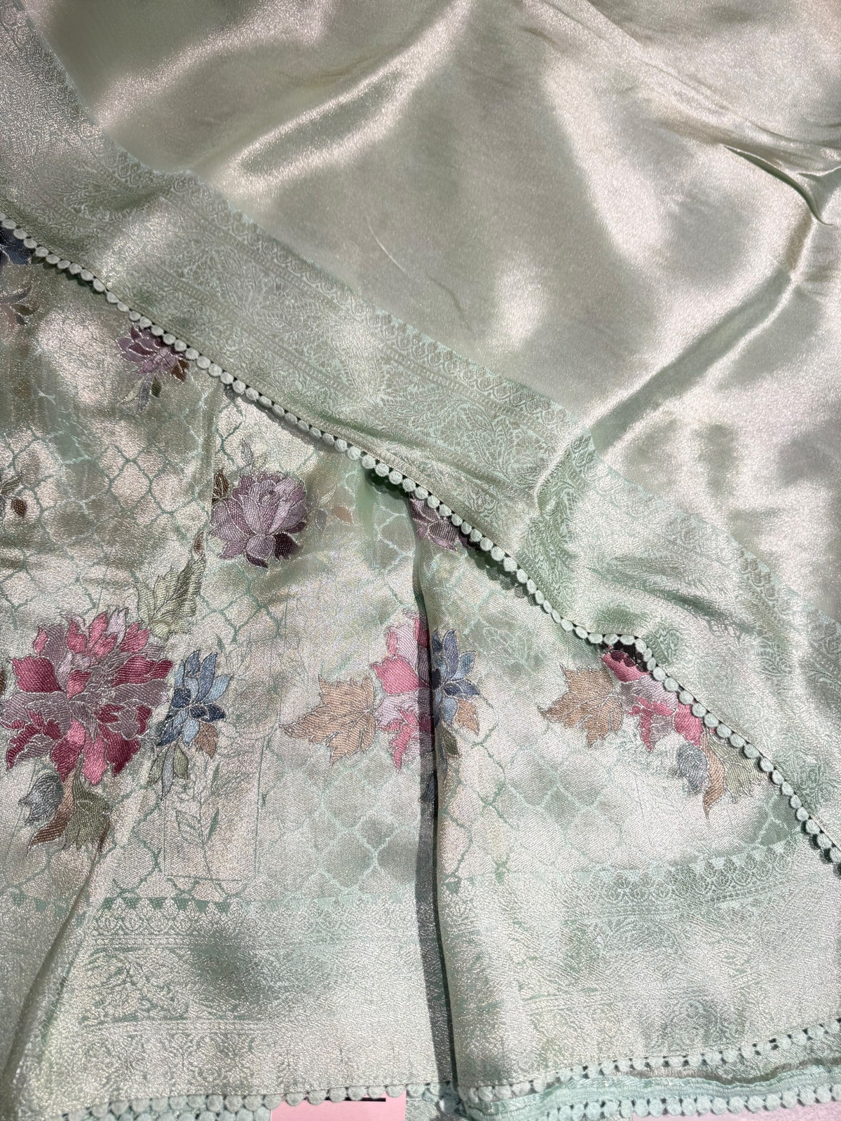 Mint Banarasi Brocade tissue saree with allover floral embroidery
