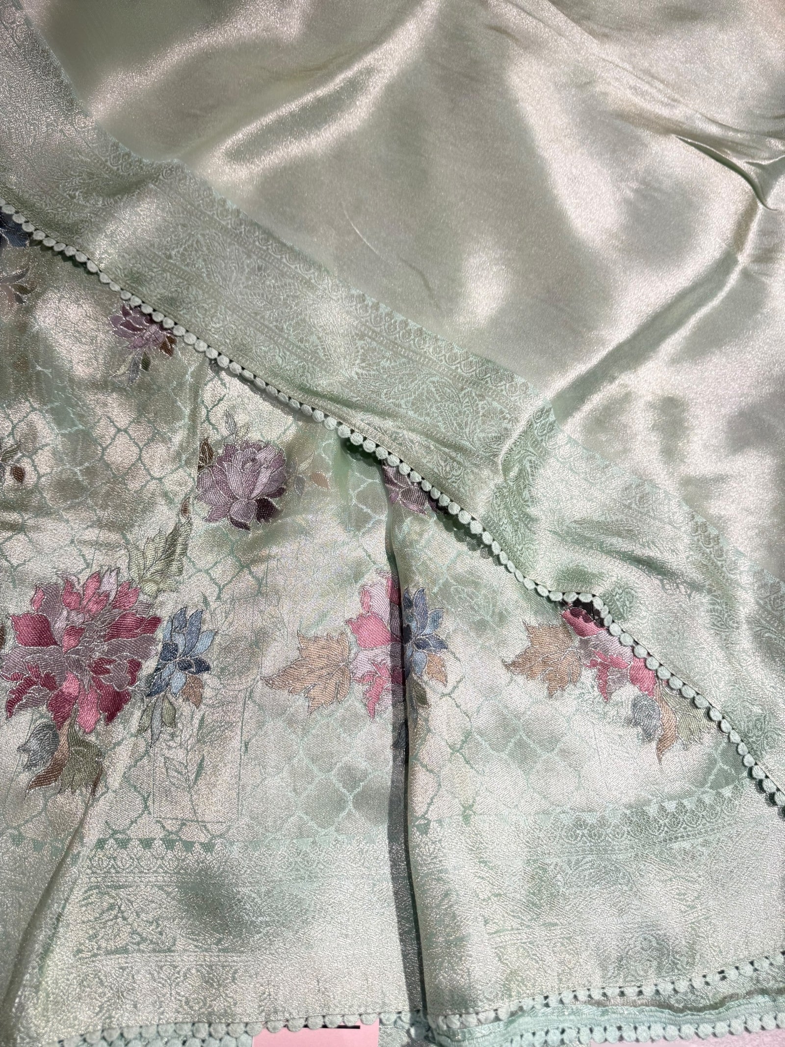 Mint Banarasi Brocade tissue saree with allover floral embroidery