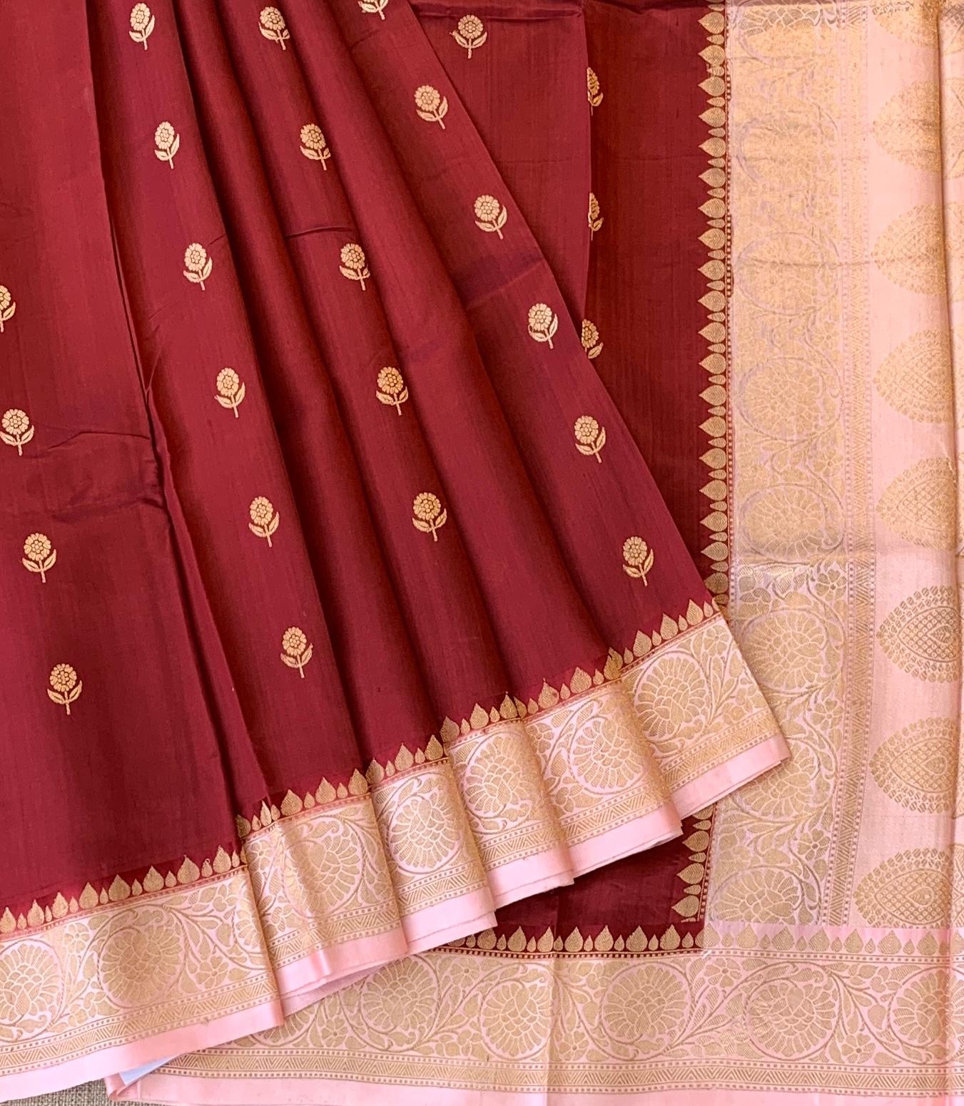 Meroon & Pink Combo Raw Mangoe Silk Saree with kaduwa woven motifs.