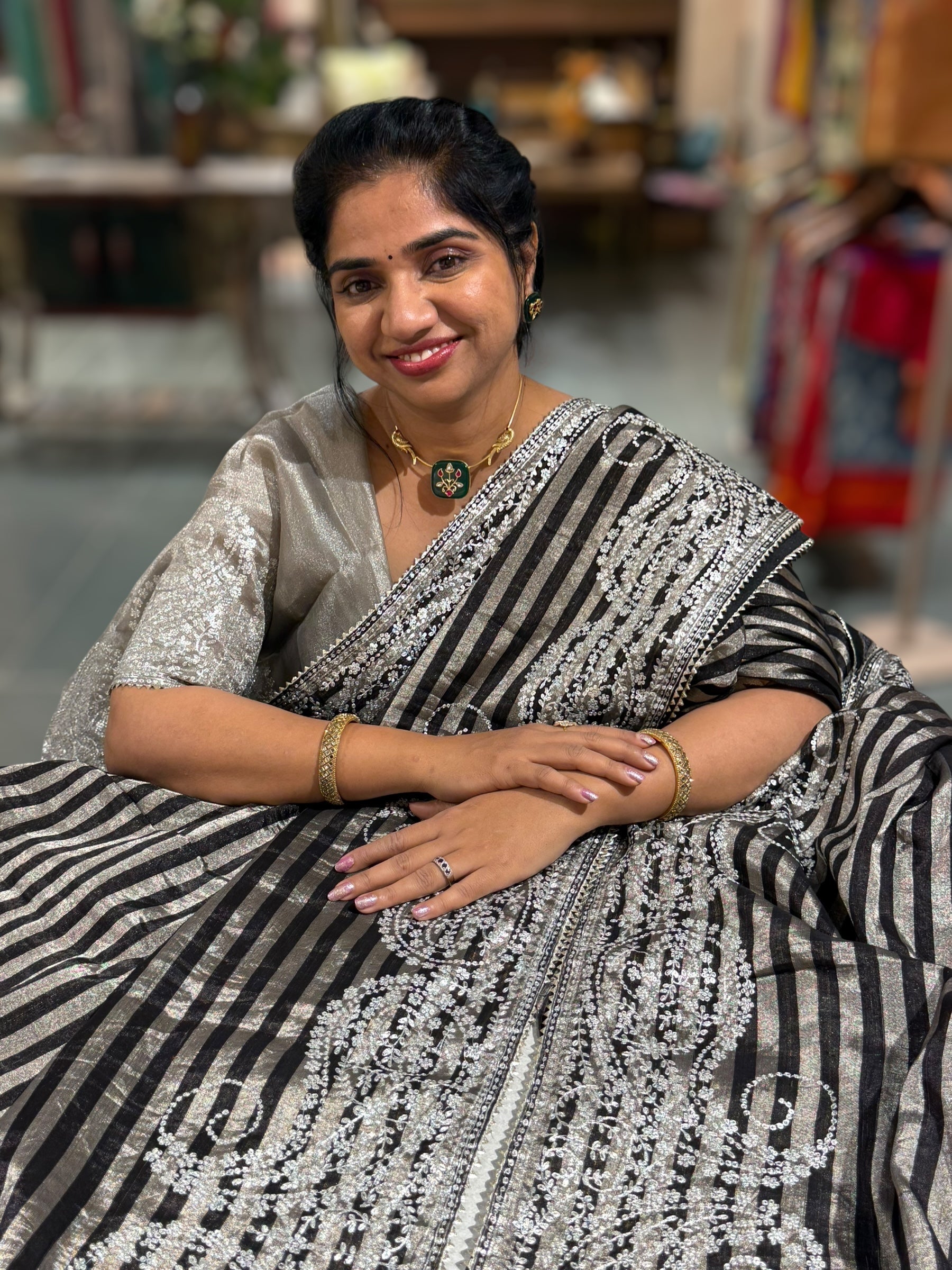 Black & Silver Combo Chanderi tissue Saree with heavy Pita embroidered Border