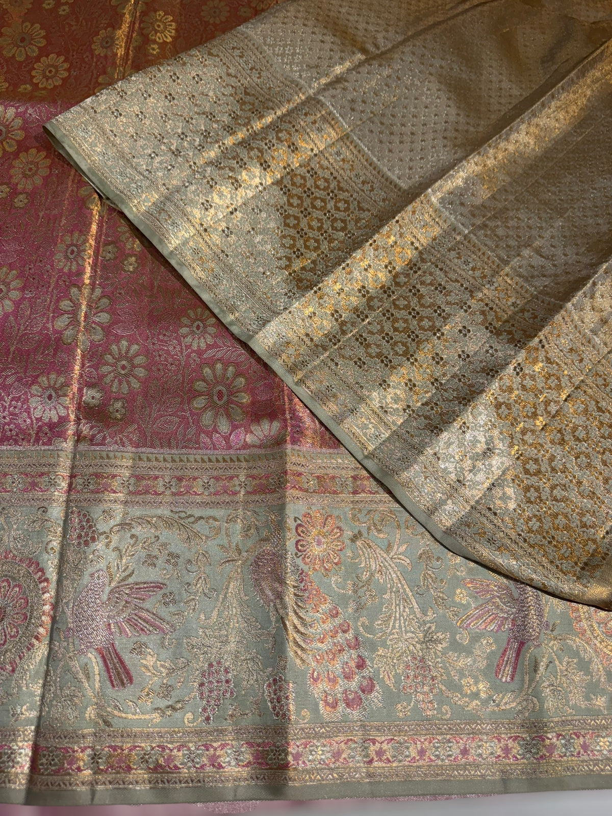 Pastel Pink & Mint Blue Kanjeevaram Tissue meenakari saree