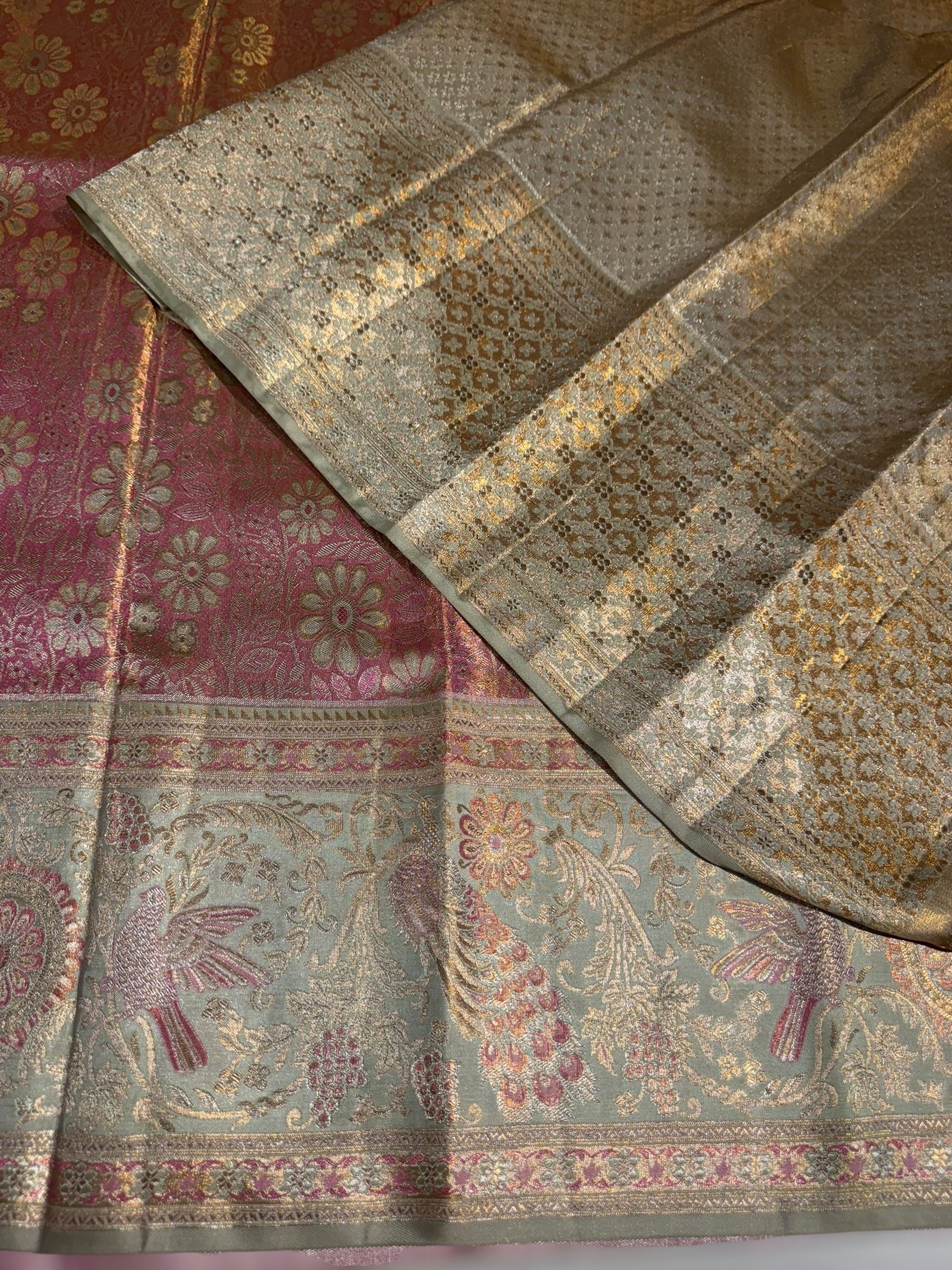 Pastel Pink & Mint Blue Kanjeevaram Tissue meenakari saree