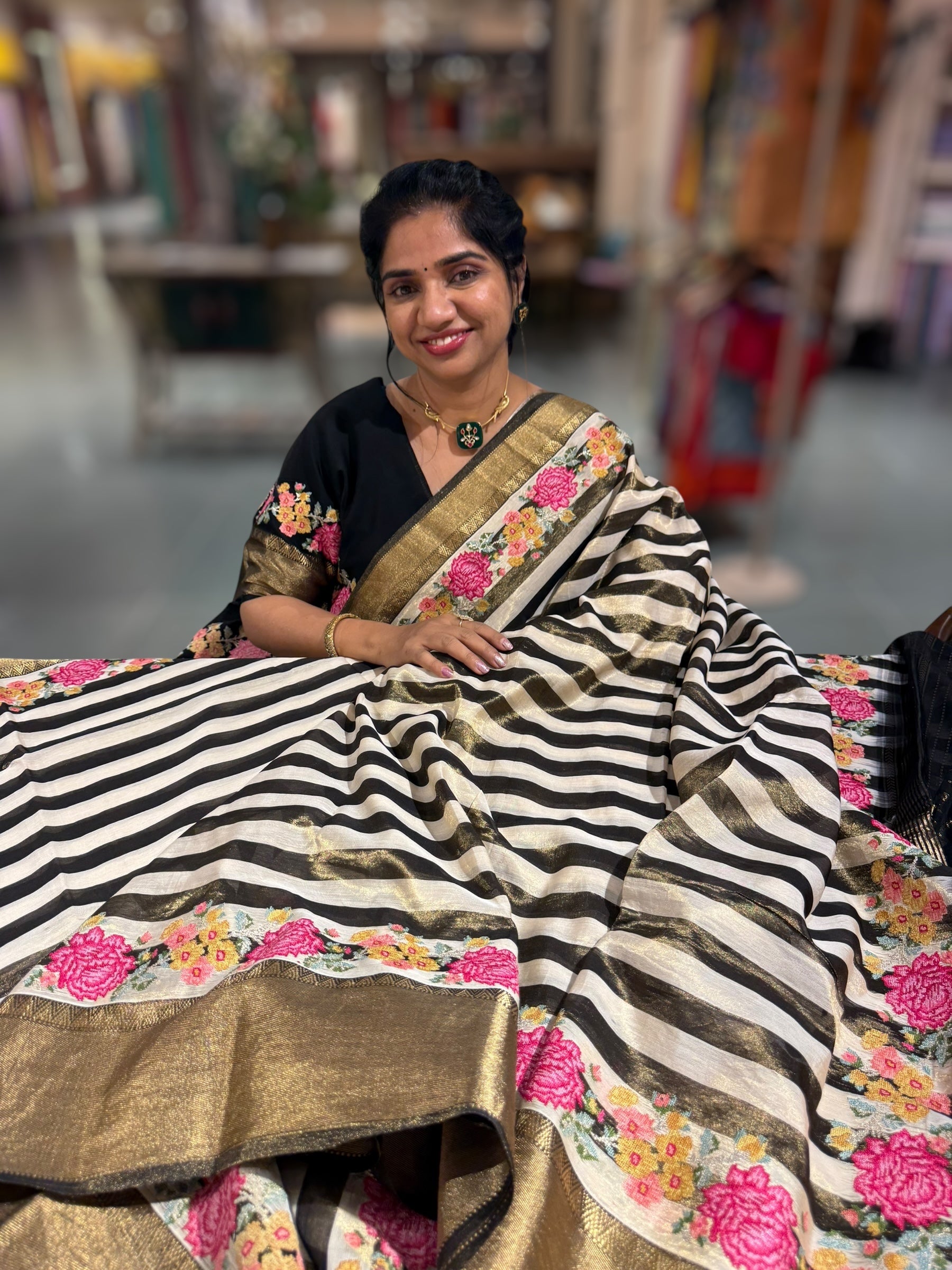 Chanderi Tissue Saree with petite point emb