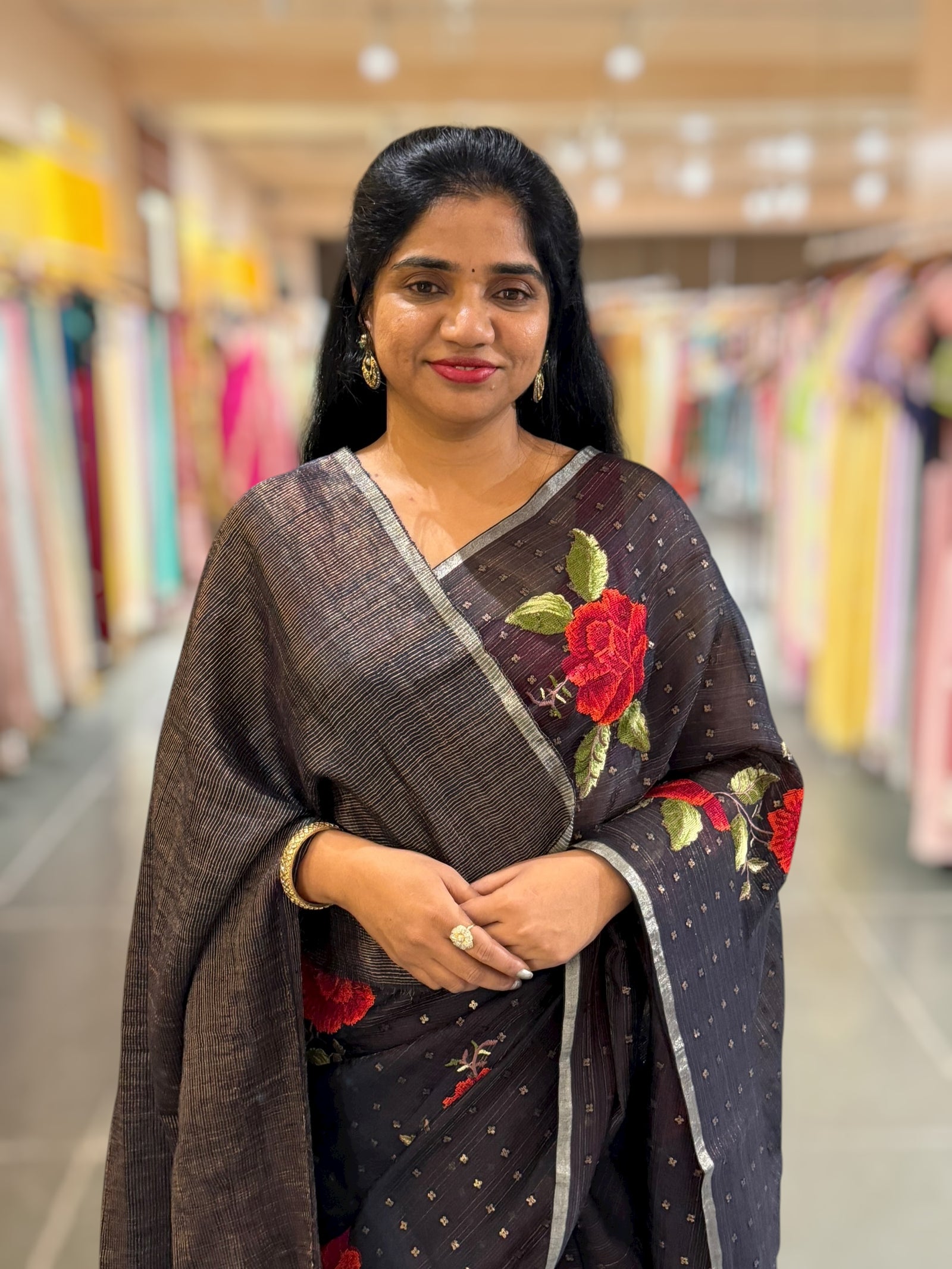Darkest Midnight Blue Tussar Kota Saree with embedded sequnce and hibuscus flower embroidery
