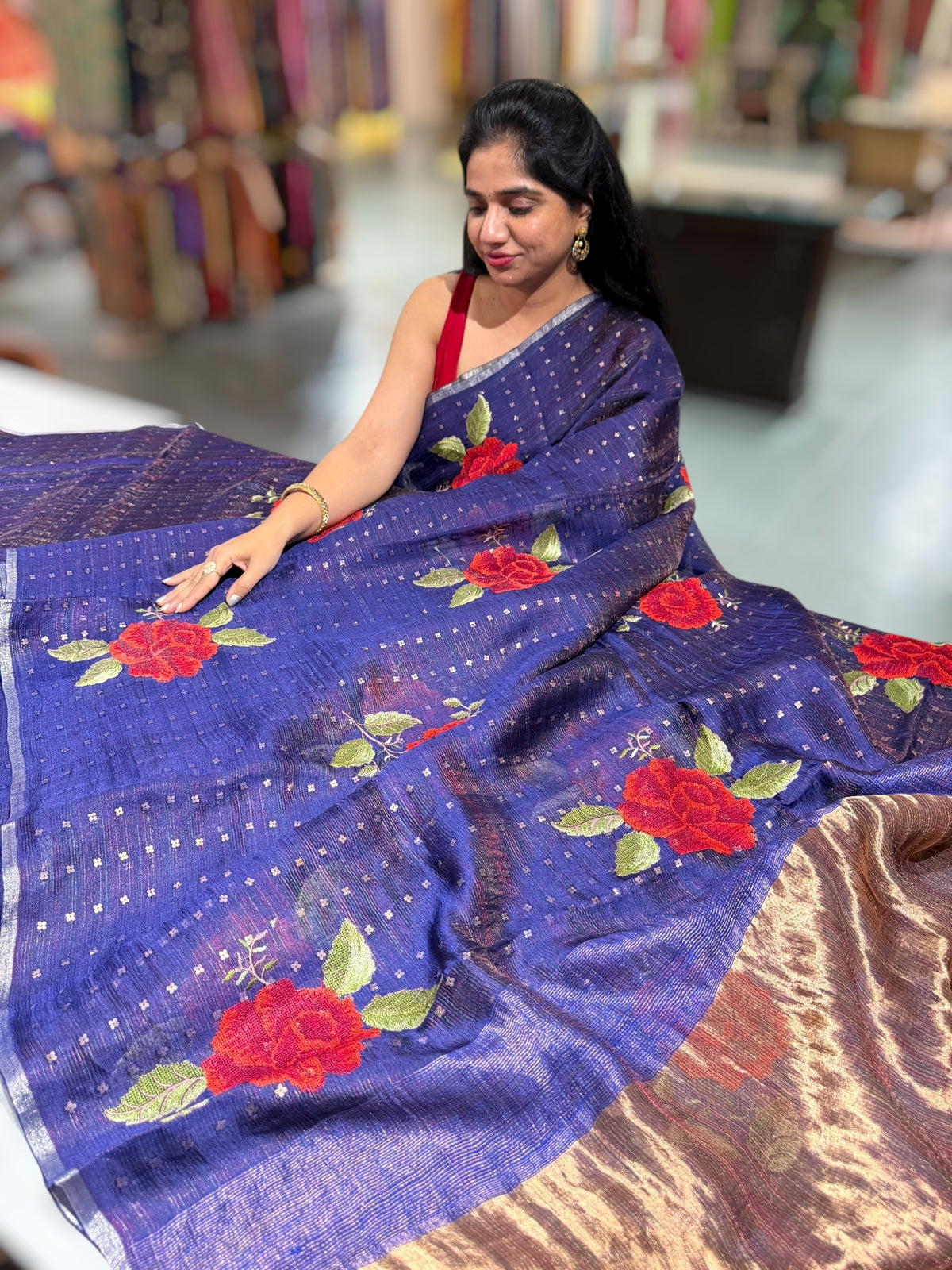 Violet Tussar Kota Saree with embedded sequnce and hibuscus flower embroidery