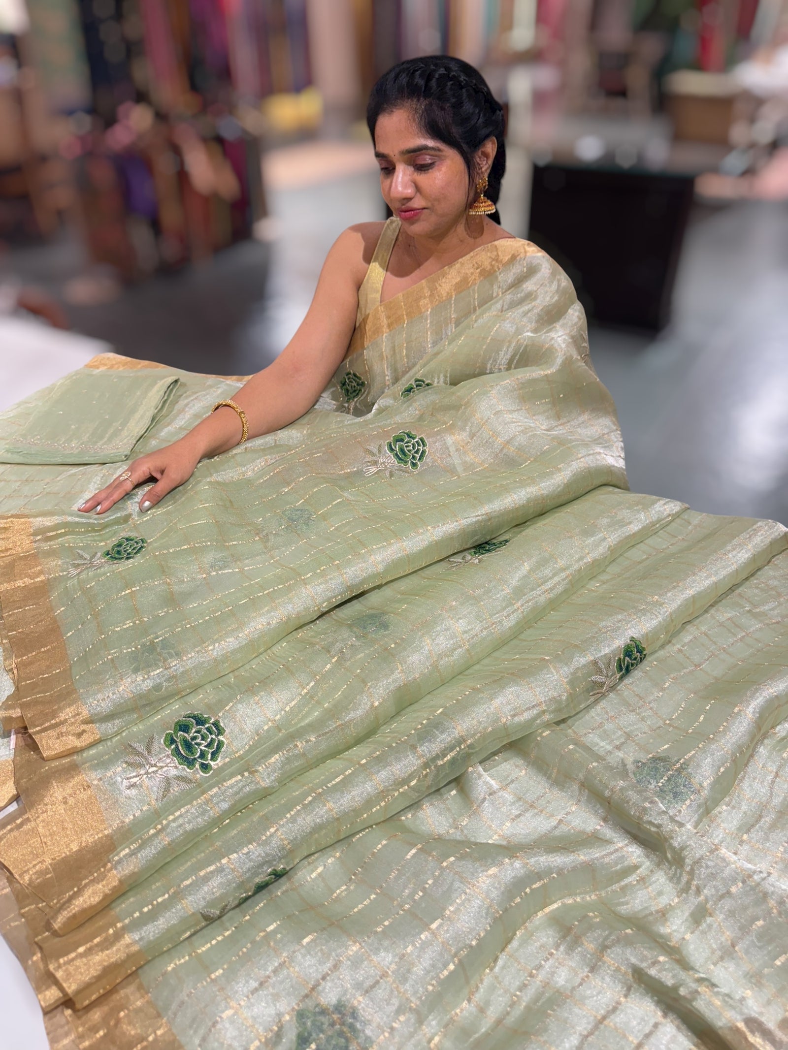 Pastel green checks tissue with allover rose embroidery